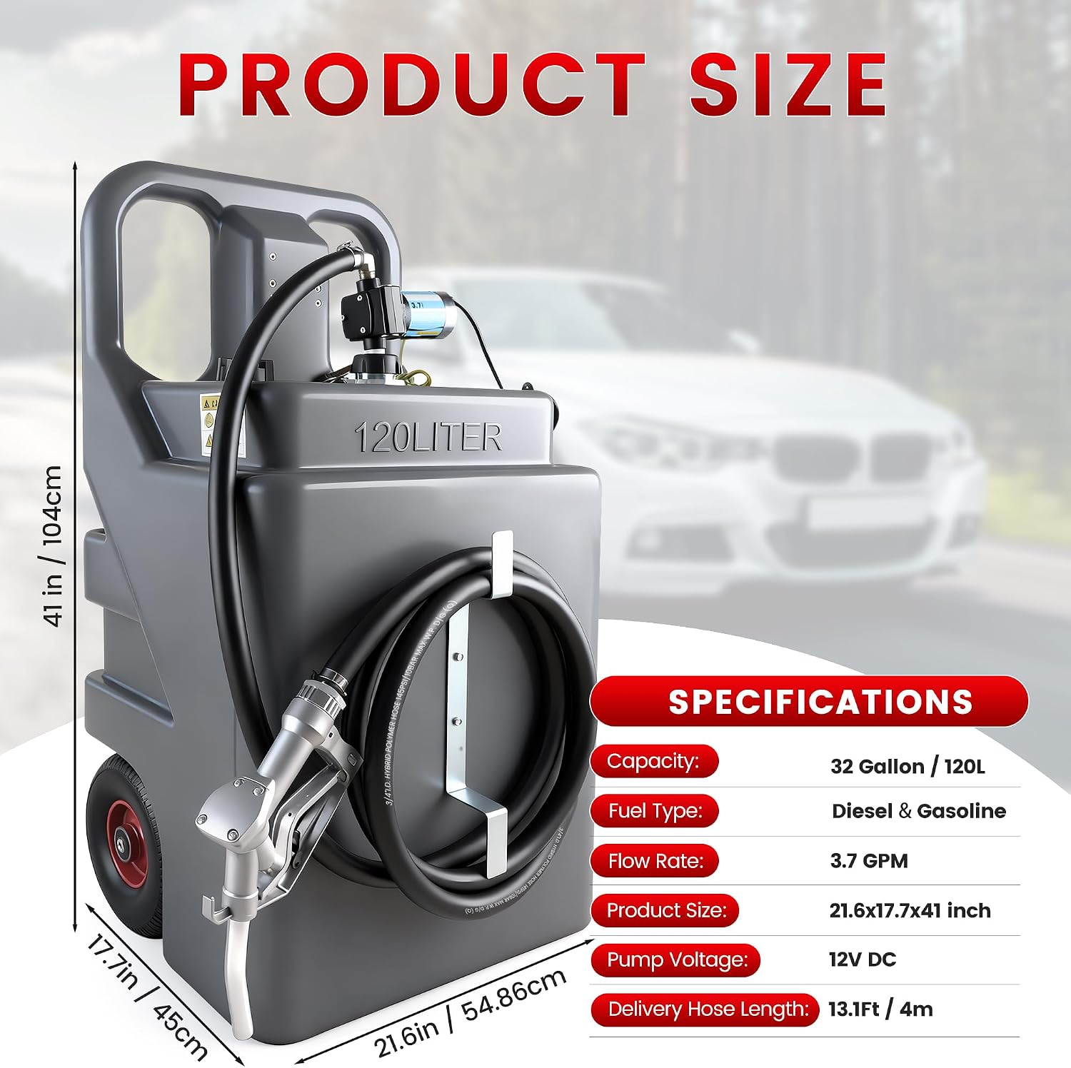 32 Gallon Fuel Caddy 2 Pack, 120L Transfer Caddy with 3.7 GPM 12V DC Electric Pump, Diesel Gasoline Fuel Transfer Caddy for Cars, Motorcycles, Boats, Lawn Mowers, Snowblowers, Manual Fueling Nozzle(Pack of 2)