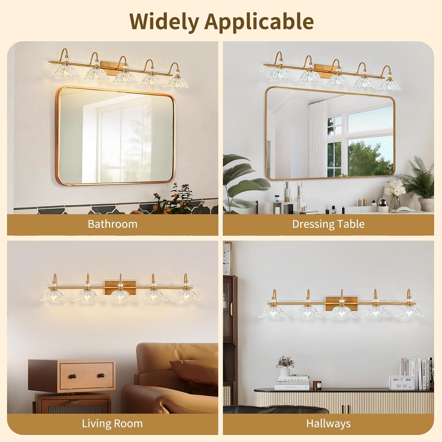 Vintage Bathroom Vanity Light, 5-Light Matte Brass Finish Vanity Light with Floral Clear Glass Shades, Retro Wall Mount Lighting for Bathroom, Dressing Table