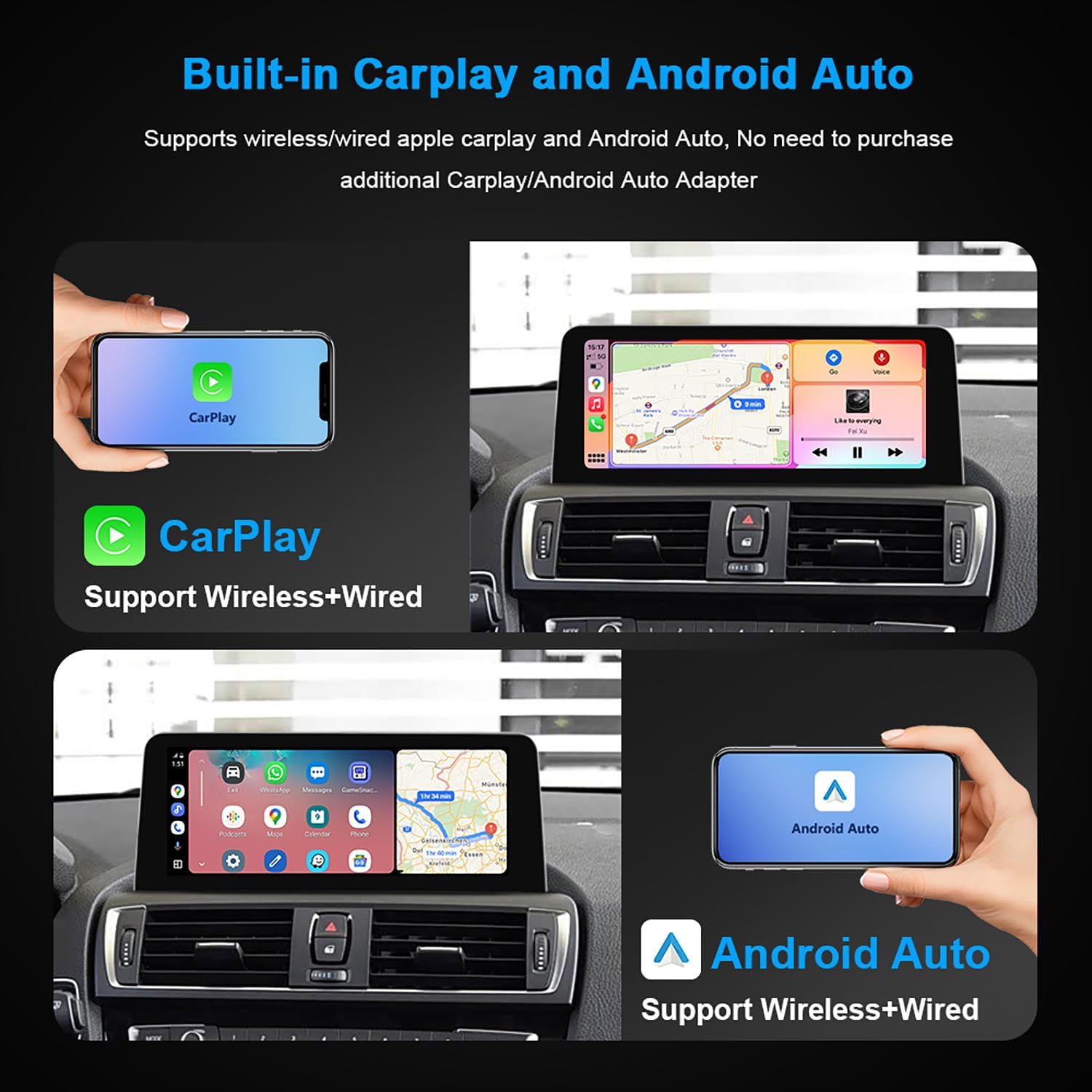 PEMP CarPlay Android Auto Monitor Linux Screen for BMW (2012-2016) 1 Series F20 CIC NBT System with a 720P AHD Revers Camera