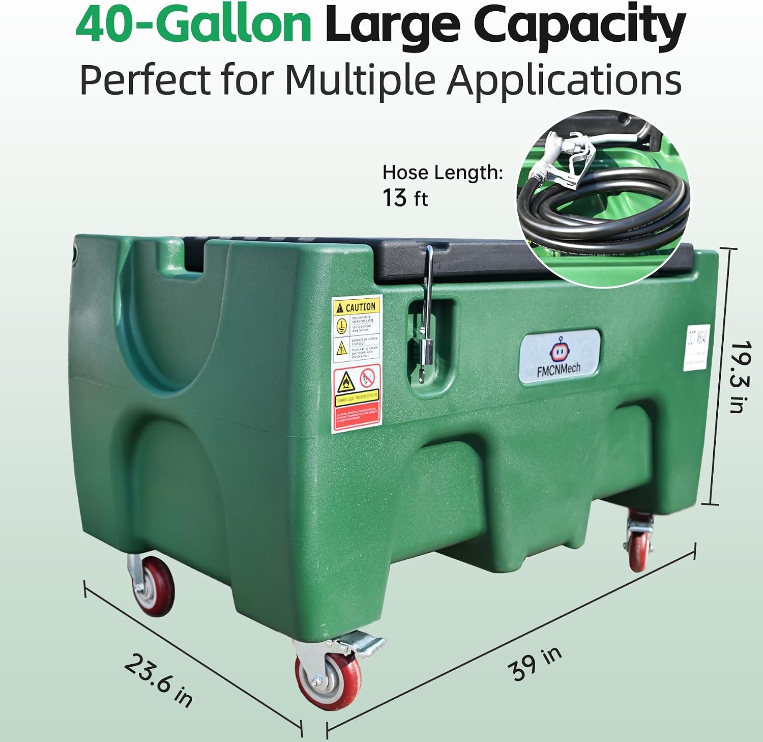 FMCNMech 40 Gallon Portable Fuel Transfer Tank with 12V Electric Pump, 3.7 GPM Flow Rate LLDPE Fuel Tank with Wheels, Gasoline Diesel Kerosene Fuel Storage Tank for Farm, Truck, Boat, and Construction Use
