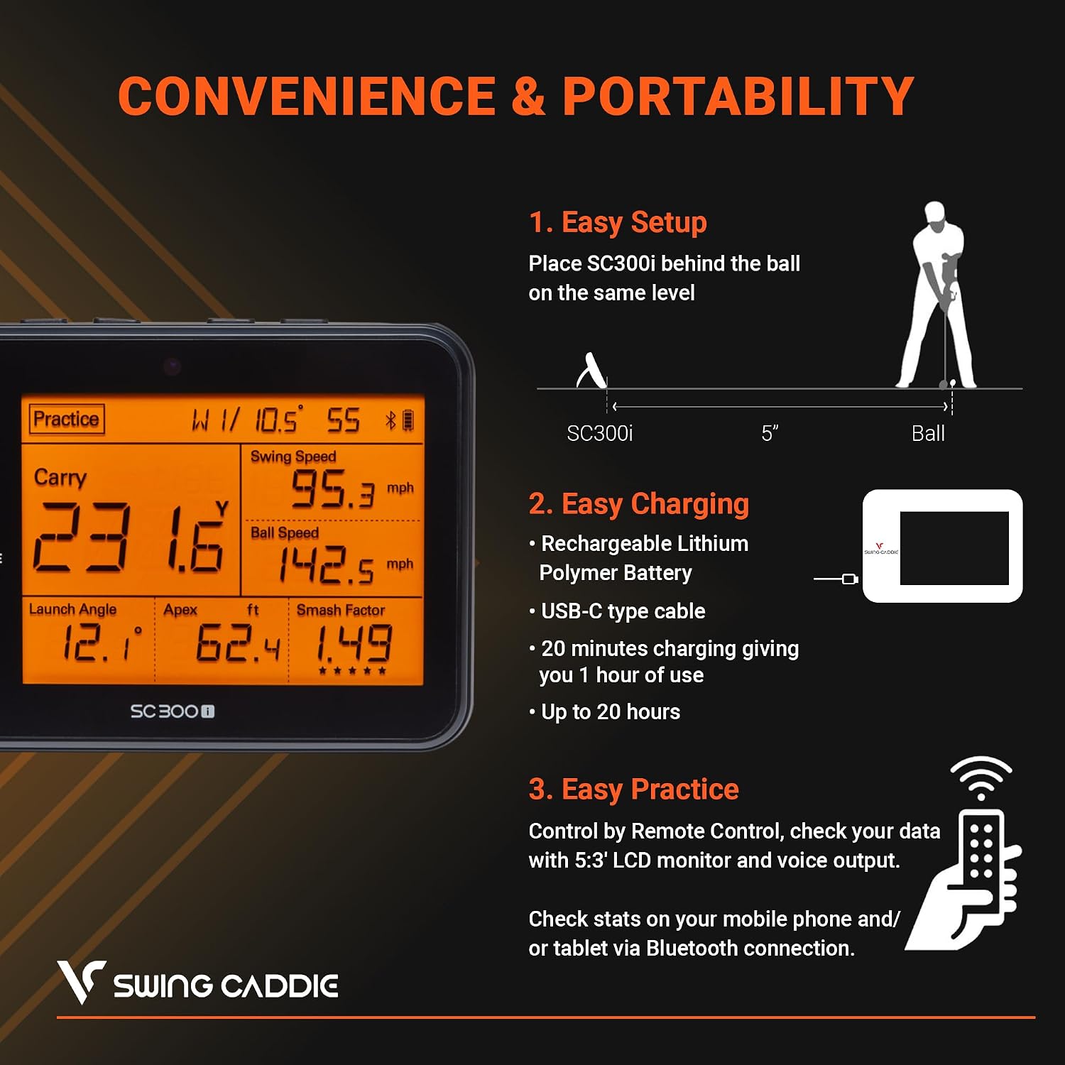 Voice Caddie Portable Golf Launch Monitor and Swing Analyzer with Real-Time Shot Data Tracking | Ideal Golf Swing Trainer/Training Equipment for Indoor & Outdoor | Up to 20 Hours Battery Life