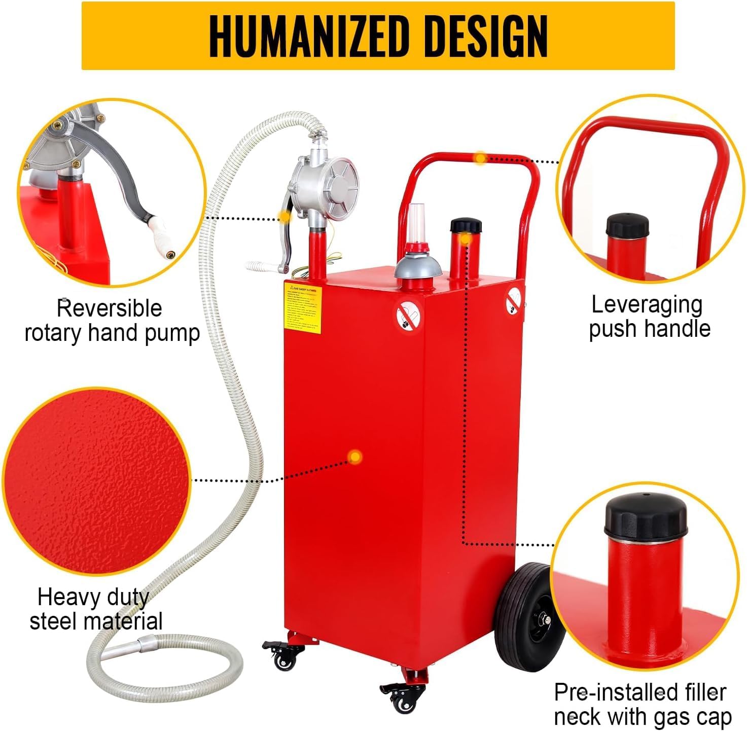 Gas Caddy Fuel Tank Gasoline container Diesel portable gas tank w/pump Rolling & Solid Rubber Wheels for Weeder,Snow blower,Pickup truck,ATV,Water Scooter,Yacht,UTV,Motorcycle (30 Gallon Red)