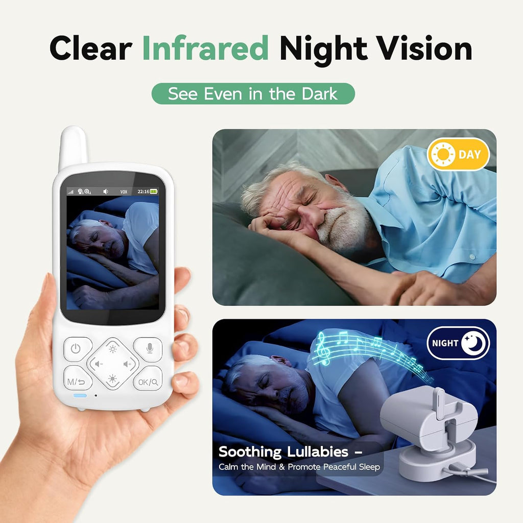 Elderly Monitor with Camera and Audio, 2-Way Talk Room Monitors for Elderly, Call Button, Med Reminder, Temp Monitoring, Night Vision, Pan-Tilt-Zoom Video Monitor for Elderly Care & Caregivers/No WiFi