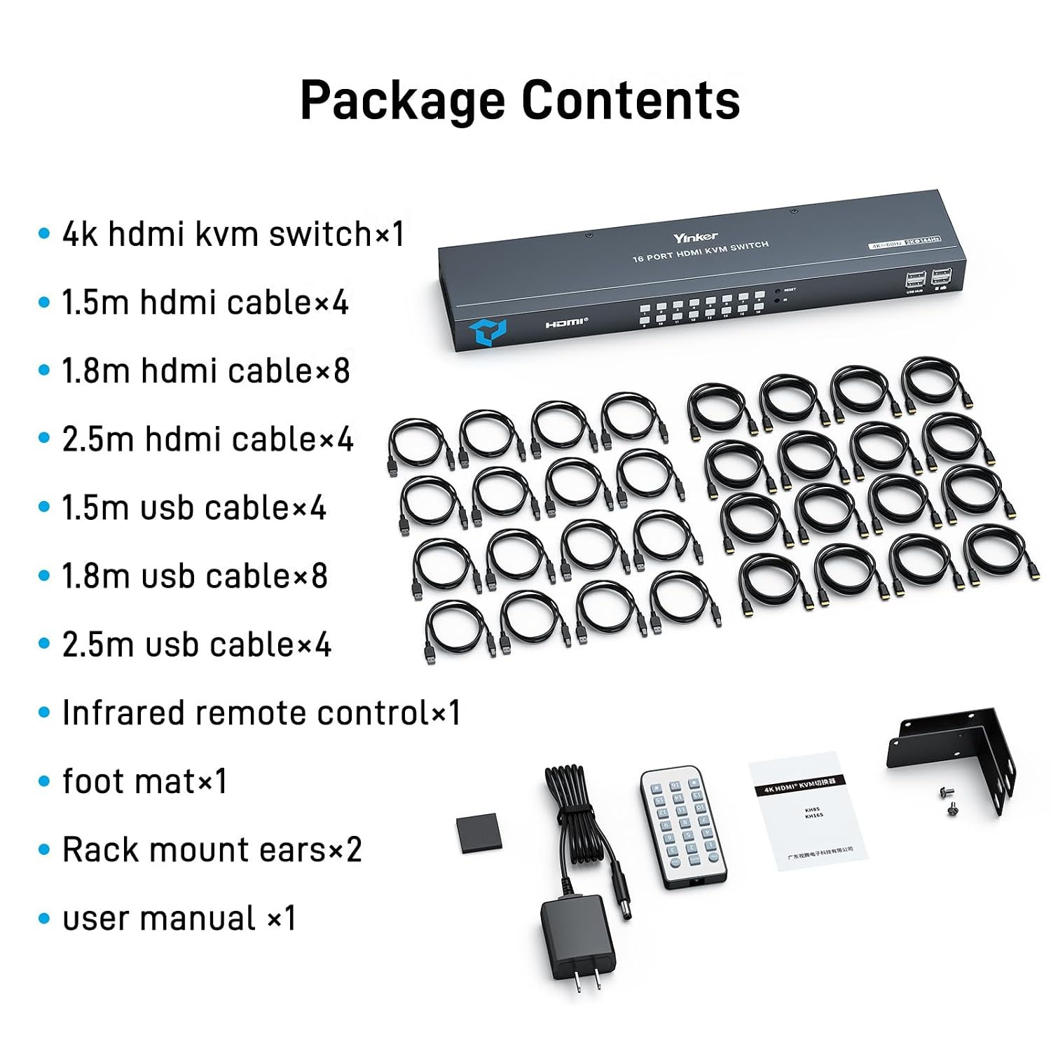 16 Port HDMI KVM Switch, 4K@60Hz 2K@144Hz USB Rack Mount KVM HDMI Switch w/16 Pcs Cables, Support RGB 4:4:4, HDCP 2.2, 3.5mm Audio, 4 USB 2.0, IR Remote