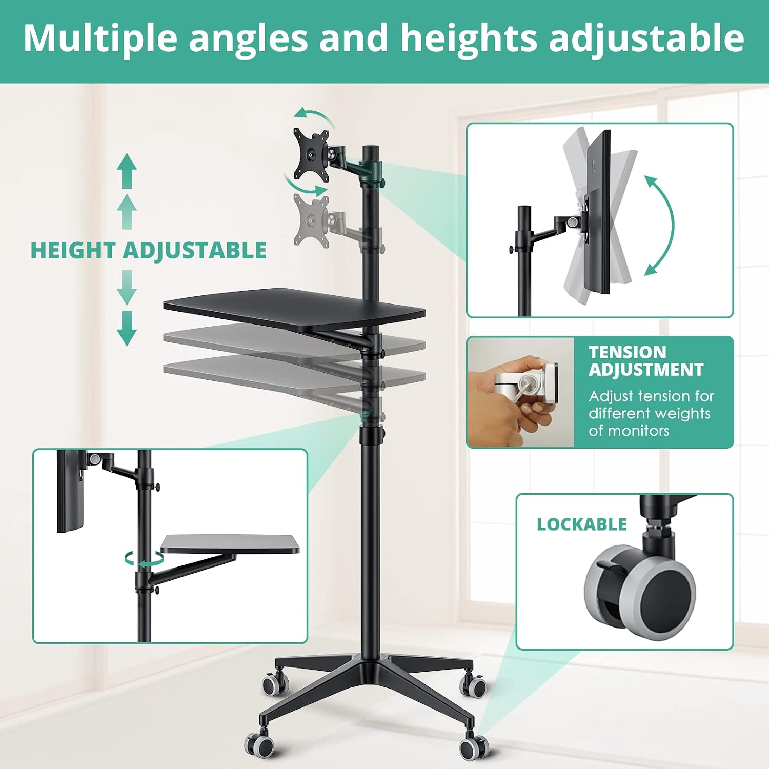 Viozon Mobile Desk,Mobile Workstation,Mulitiuse Rolling Laptop Floor Stand,34'-48.6' Height Adjustable,Compatible with 17'-27' Monitor&12'-17' Laptop,21'×14' Desk,Maxload 17.6lbs,4 Lockable Wheels B