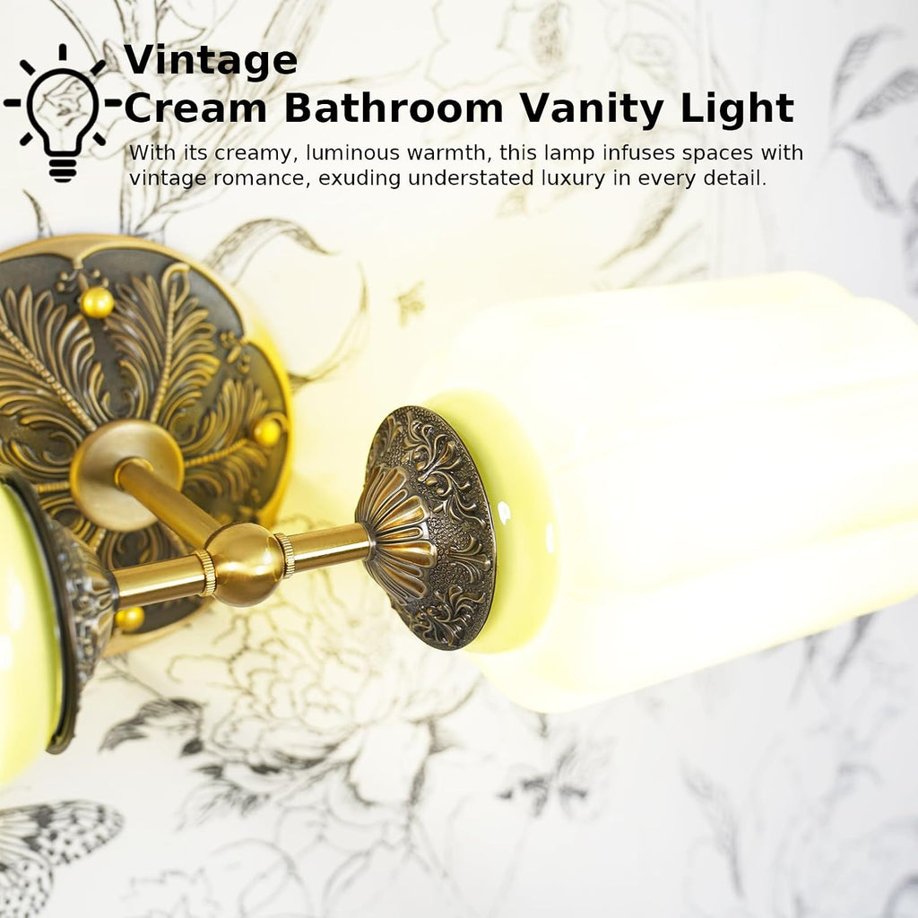 Vintage Milk Glass Bathroom Vanity Light - 2-Light Wall Sconce with Brass Finish Base & Green Glass Shade - Wall Sconce Lighting for Mirror, Kitchen, Living Room, Gallery (Bulbs Included) (Green)