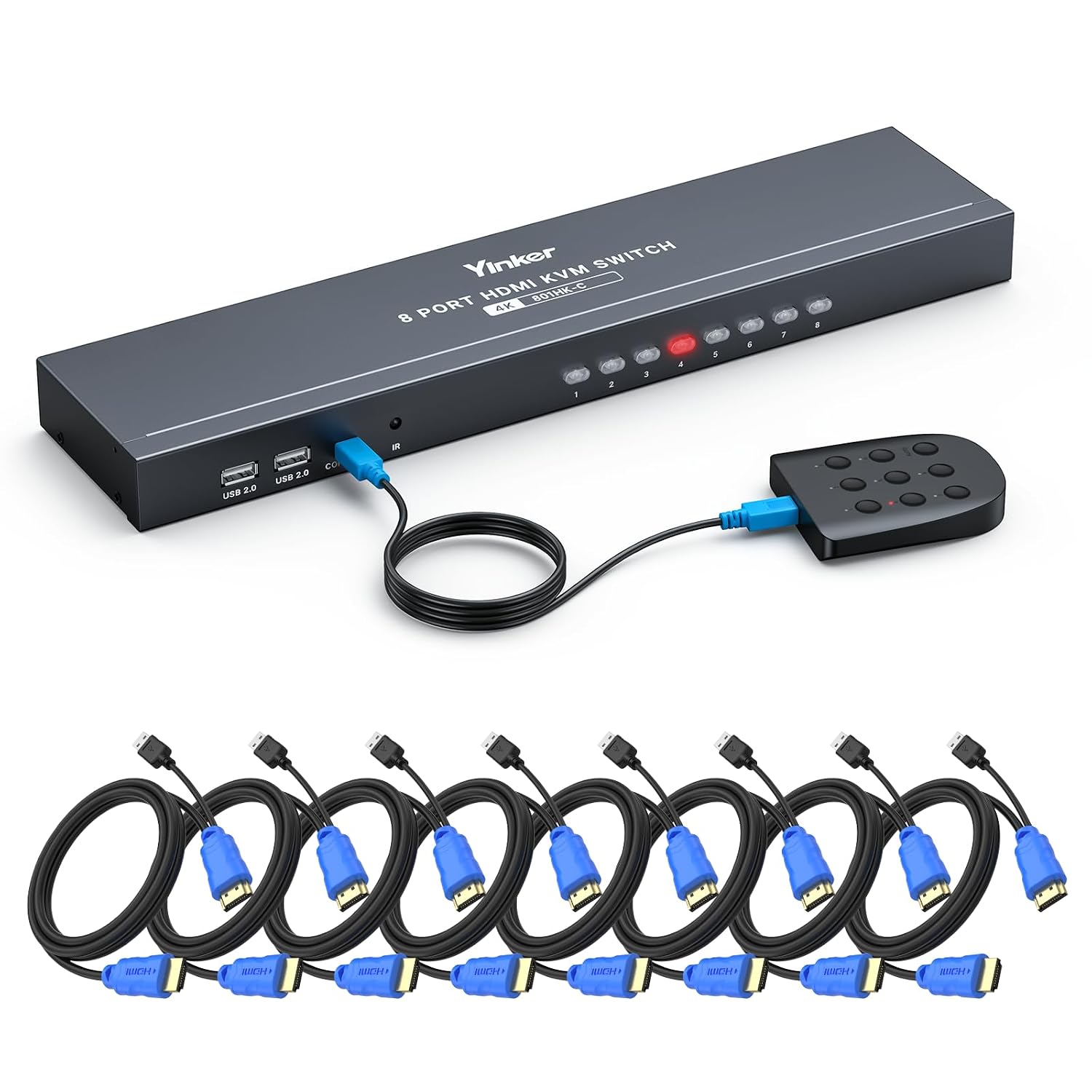 1U Rackmount KVM Console HDMI 8 Port + Cables, 4K@30Hz USB HDMI KVM Switch 8x1 + 4 USB Hubs + Wired Desktop Selector + Remote + Rack Mount Ears