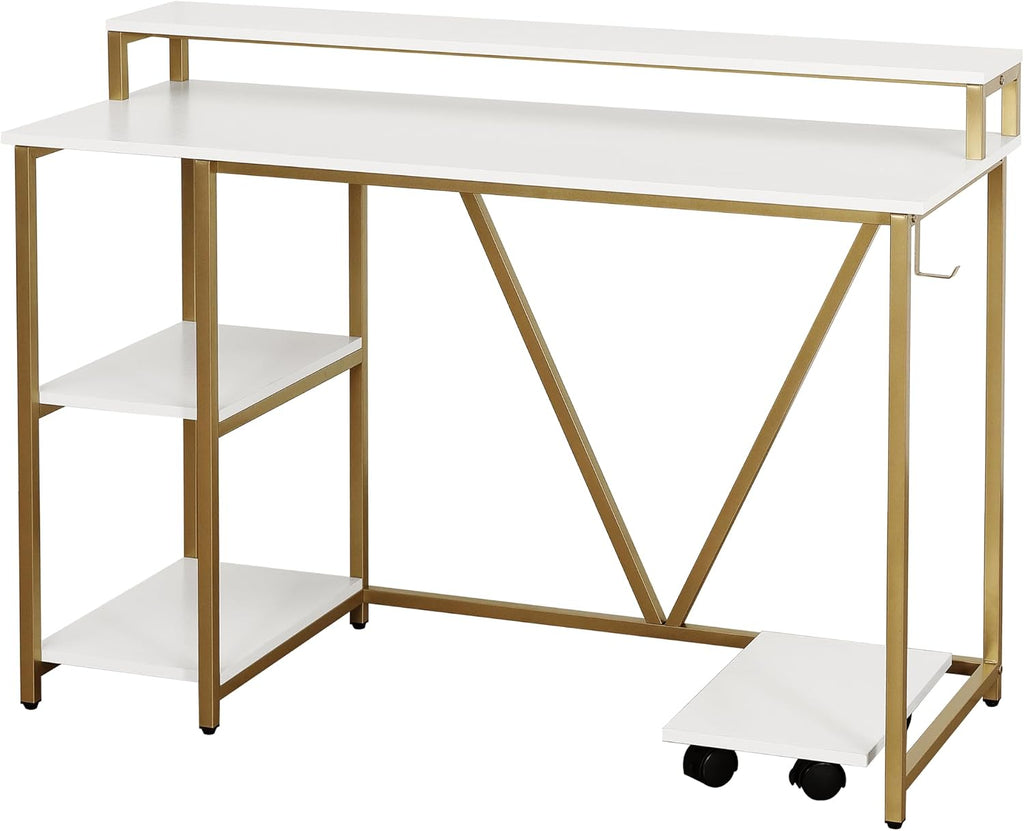 Techni Mobili Computer Desk - Industrial Writing Desk with Storage Shelves, Monitor Stand, & Accessory Holder - Home Office Laptop Computer Table with CPU Caddy & 2-Tier Small Bookshelf Space