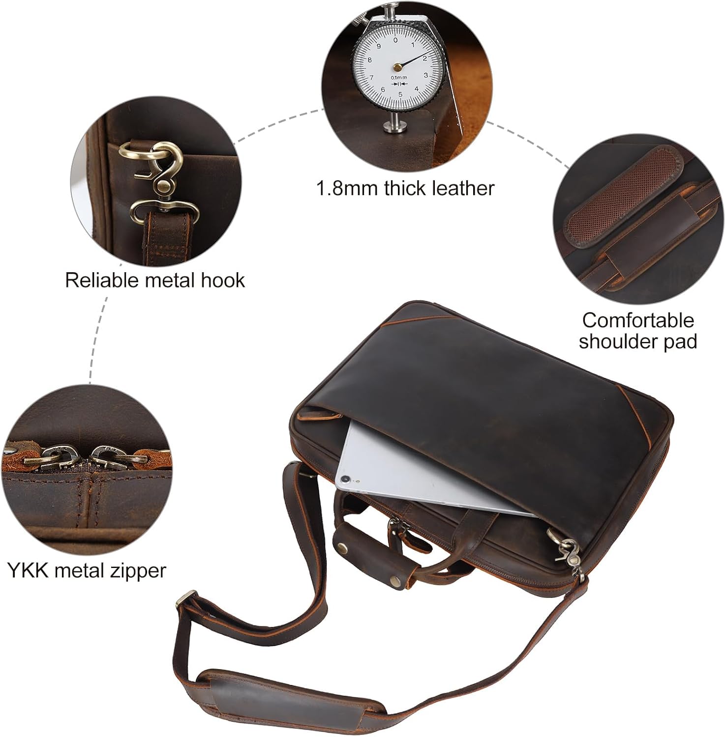 Leather Slim Briefcase for Men 14' - 16' Laptop Crossbody Messenger Bag Business Work Lawyer Attache Case
