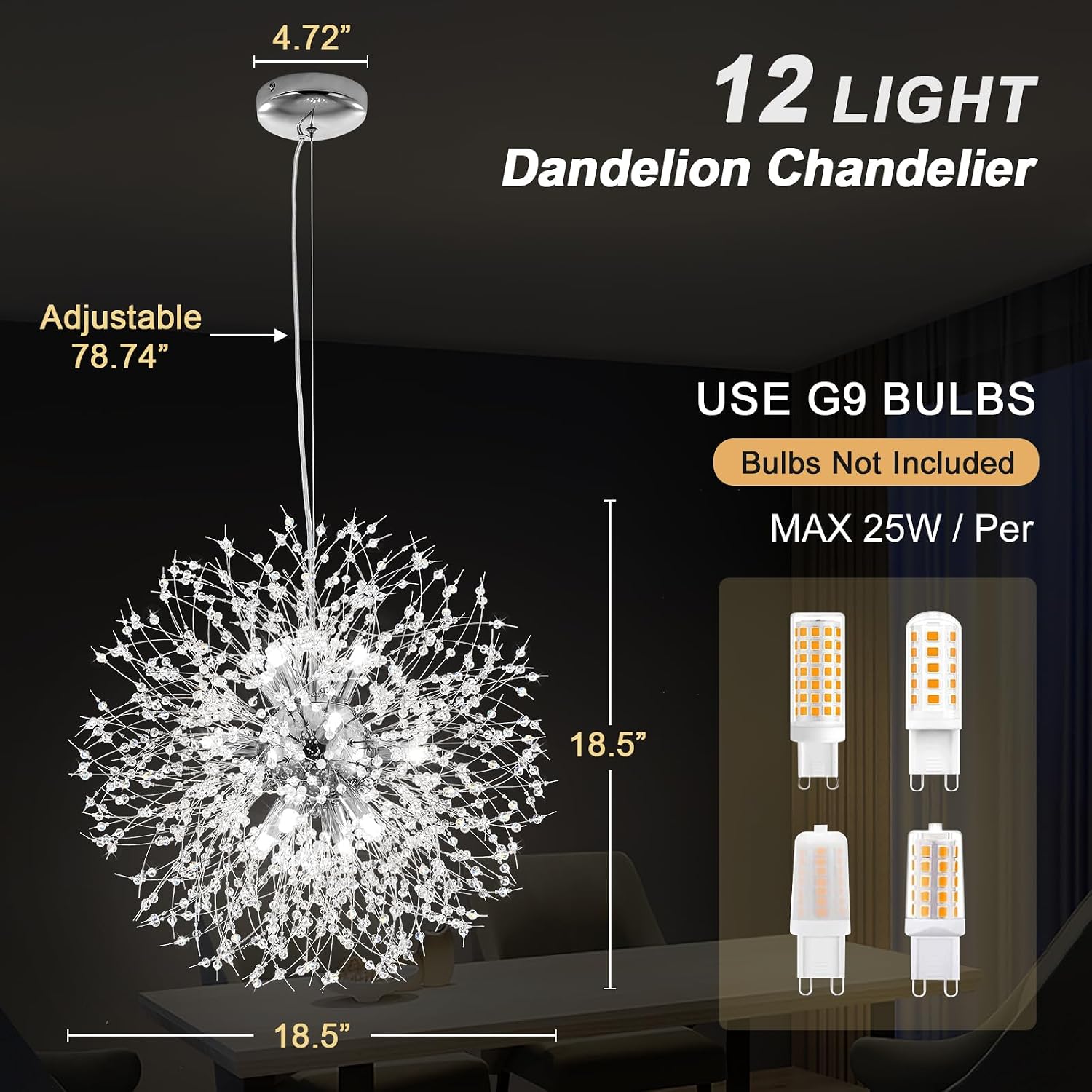 Modern Dandelion Firework Chandelier, Chrome Dining Room Chandelier, Crystal Hanging Pendant Lighting Fixture for Living Room, Bathroom, Bedroom, Entryway, 12-Light