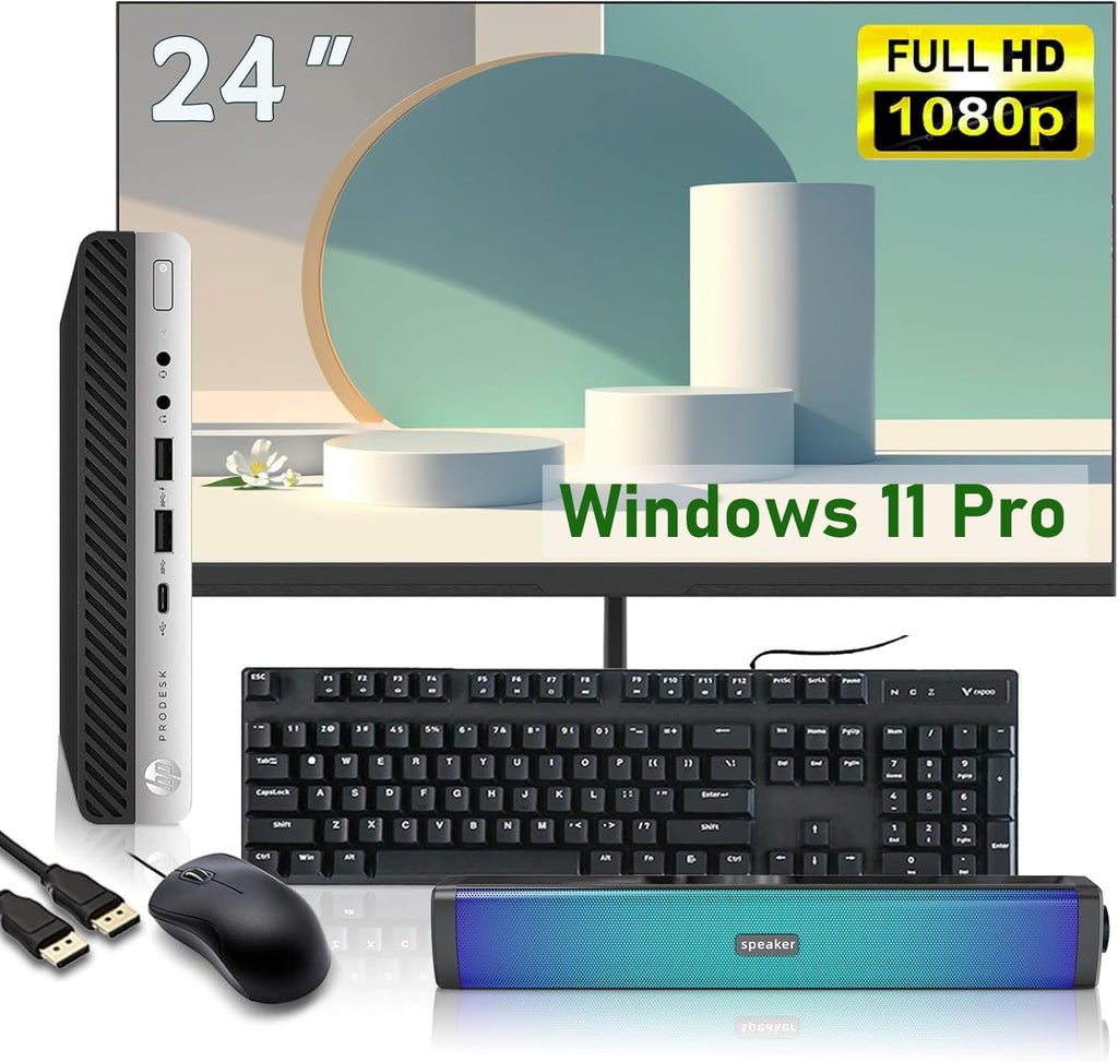 HP ProDesk 600 G4 Mini Desktop PC with 24' FHD Monitor and RGB Speakers PC Set, Intel Core i5-8500T, 8 GB RAM, 256 GB SSD, USB Keyboard & USB Mouse, Windows 11 Pro (Renewed)