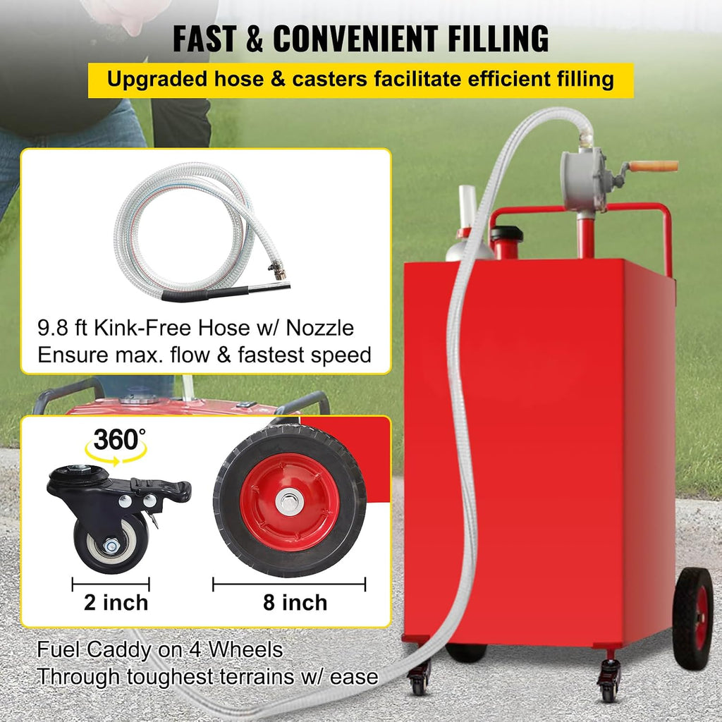 Happybuy Fuel Caddy, 35 Gallon, Gas Storage Tank on 4 Wheels, with Manual Transfer Pump, Gasoline Diesel Fuel Container for Cars, Lawn Mowers
