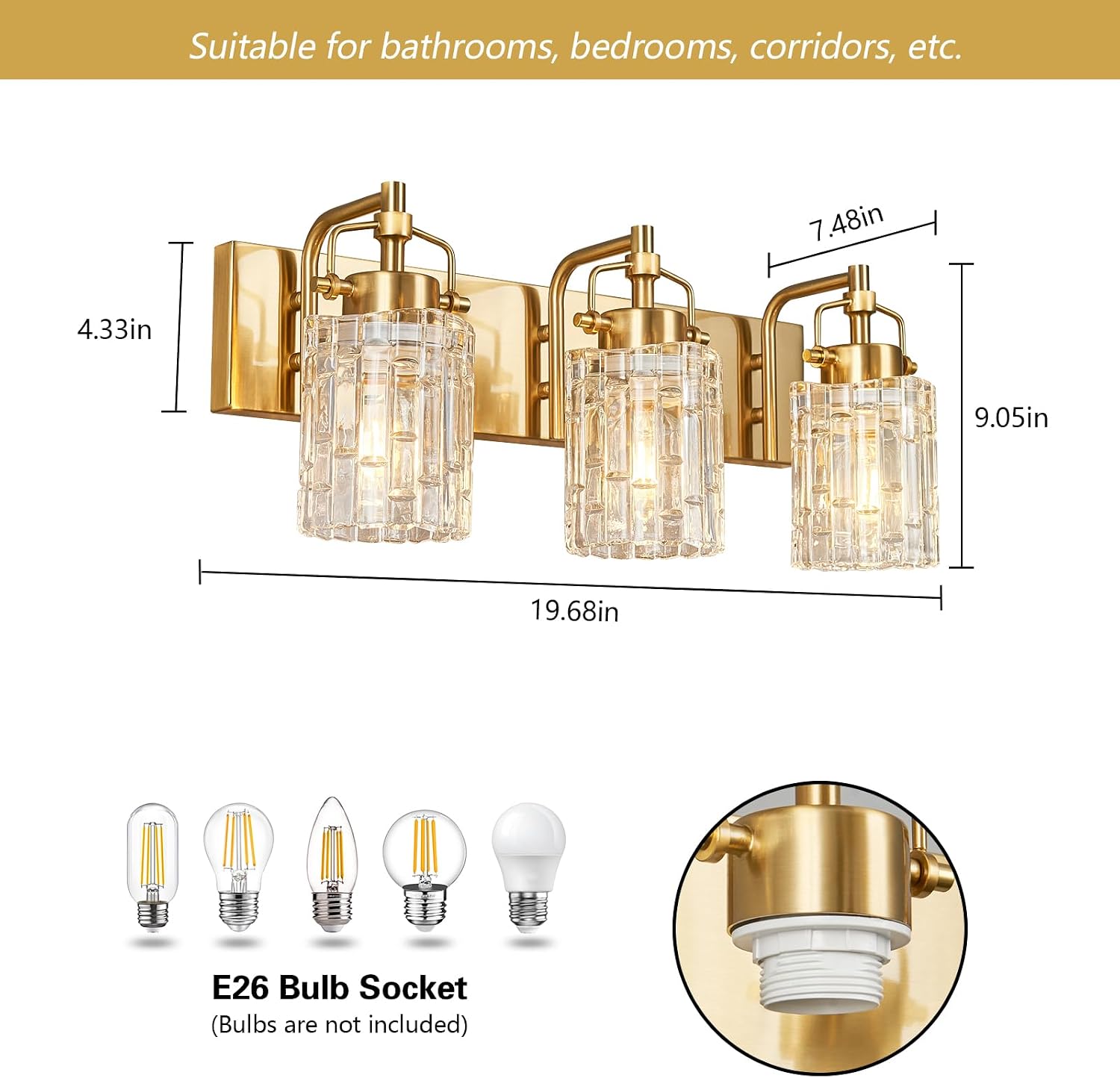 3 Light Crystal Glass Vanity Light, Gold Bathroom Lighting Fixtures Over Mirror Modern Bath Wall Sconce Lighting for Bedroom Living Room