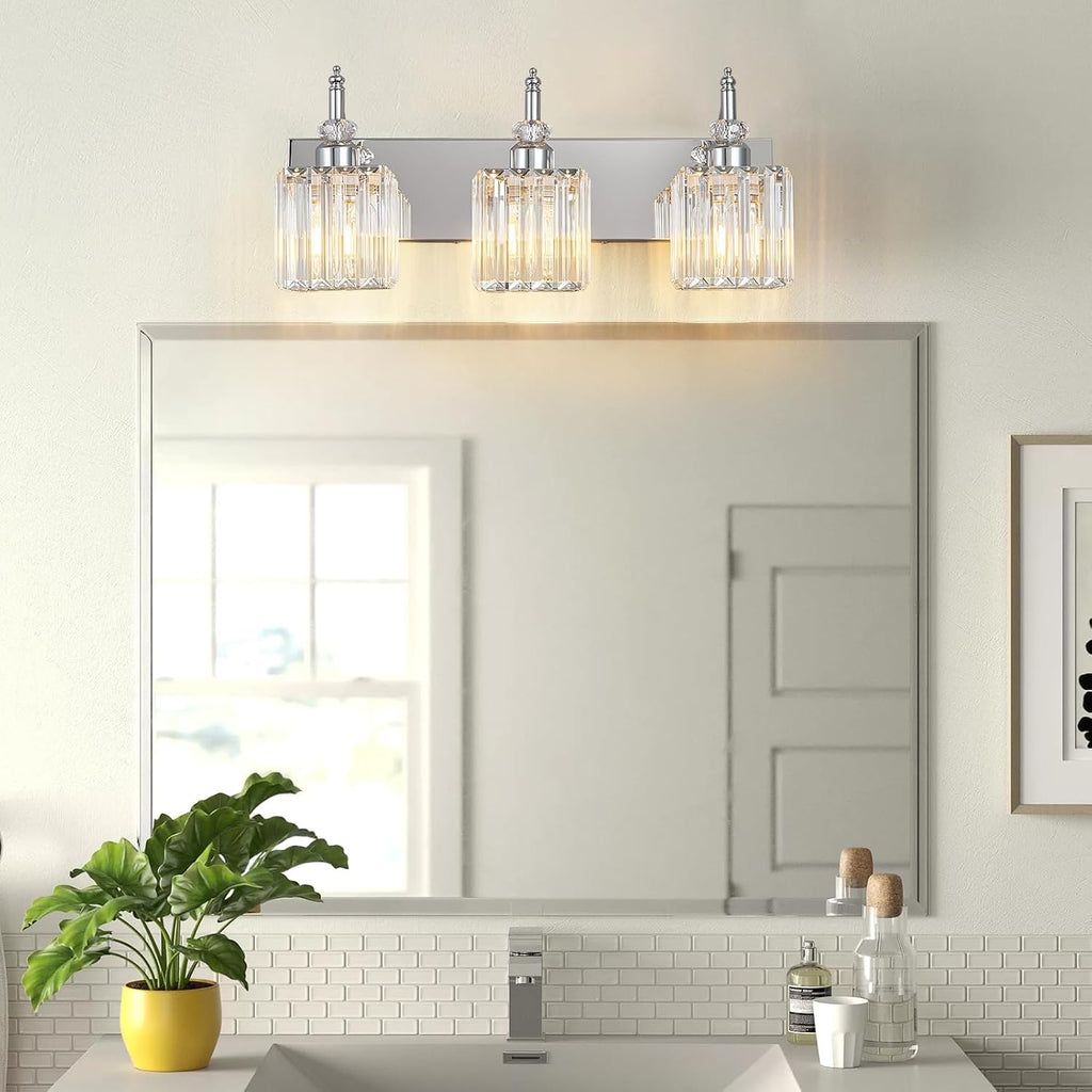 Modern Bathroom Vanity Light 3-Light Chrome Crystal Light Fixtures Over Mirror for Bathroom Wall Sconce