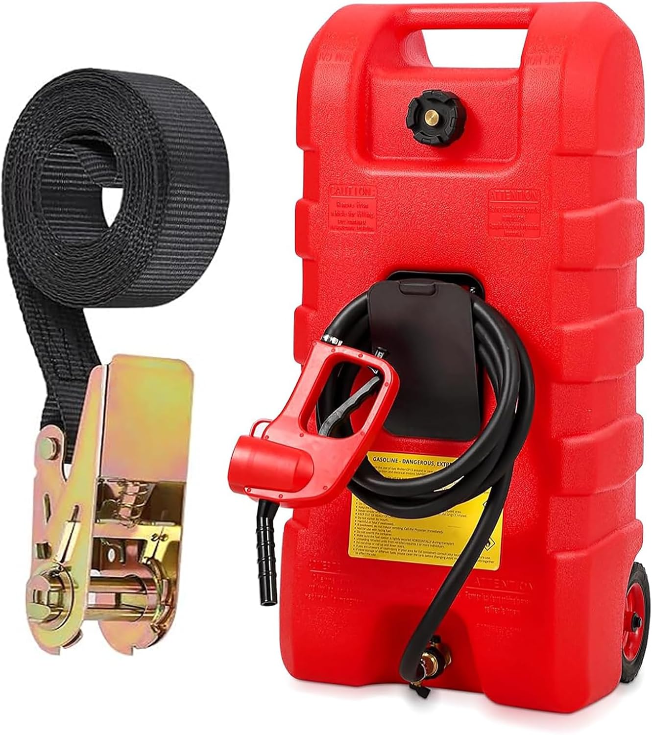 Gas Can 15 Gallon, Fuel Tank Container with Gravity & Hand Pump Modes, Portable Fuel Caddy with Wheels, 10 ft Delivery Hose & Manual Pump, Gas Caddy for Motorboats, ATVs, Gasoline & Diesel