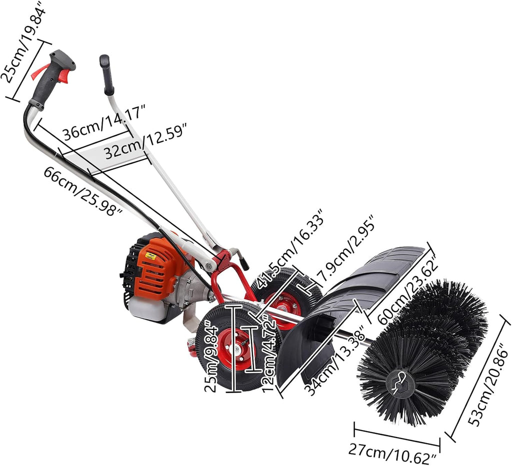 52CC Gas Handheld Sweeper, 52cc 2Stroke Gas Walk Behind Push Lawn Sweeper, Snow Sweeping Broom Artificial Grass Power Brush Lawn Sweeper Cleaner Tools for Lawn Leaf Artificial Turf Grass Gravel