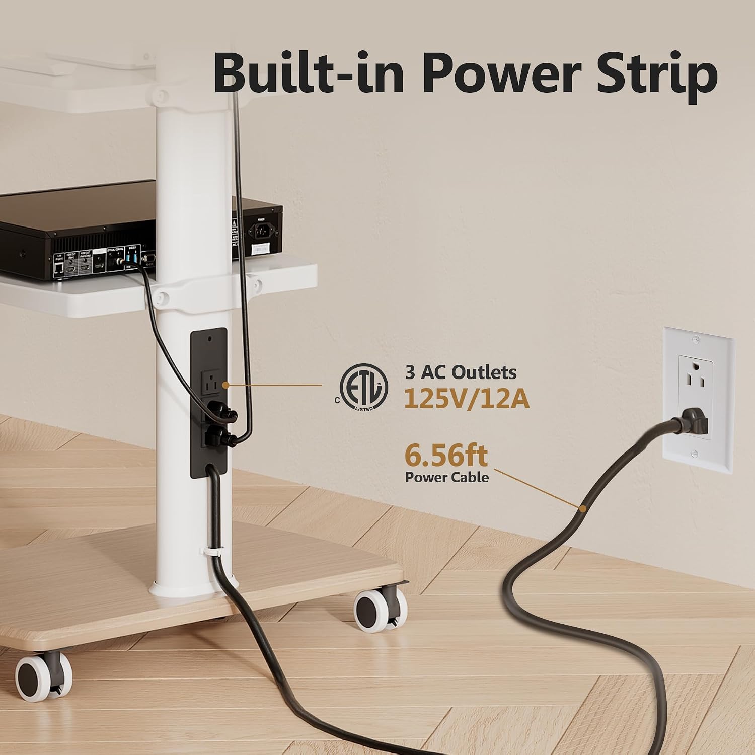 FITUEYES Rolling TV Stand with Power Outlets, Swivel Portable TV Stand for 32-70Inch LCD LED OLED Flat/Curved Panel Screen TVs, Height Adjustable&Wood Base, Mobile TV Cart with 2 Shelves