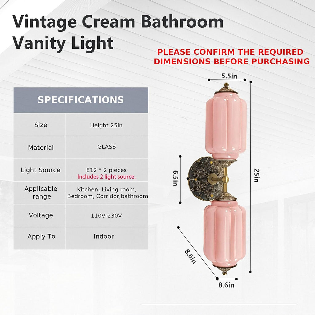 Vintage Vanity Light - 2-Light Wall Sconce with Brass Finish Base & Green Glass Shade - Wall Sconce Lighting for Mirror, Kitchen, Living Room, Gallery (Bulbs Included) (Pink)