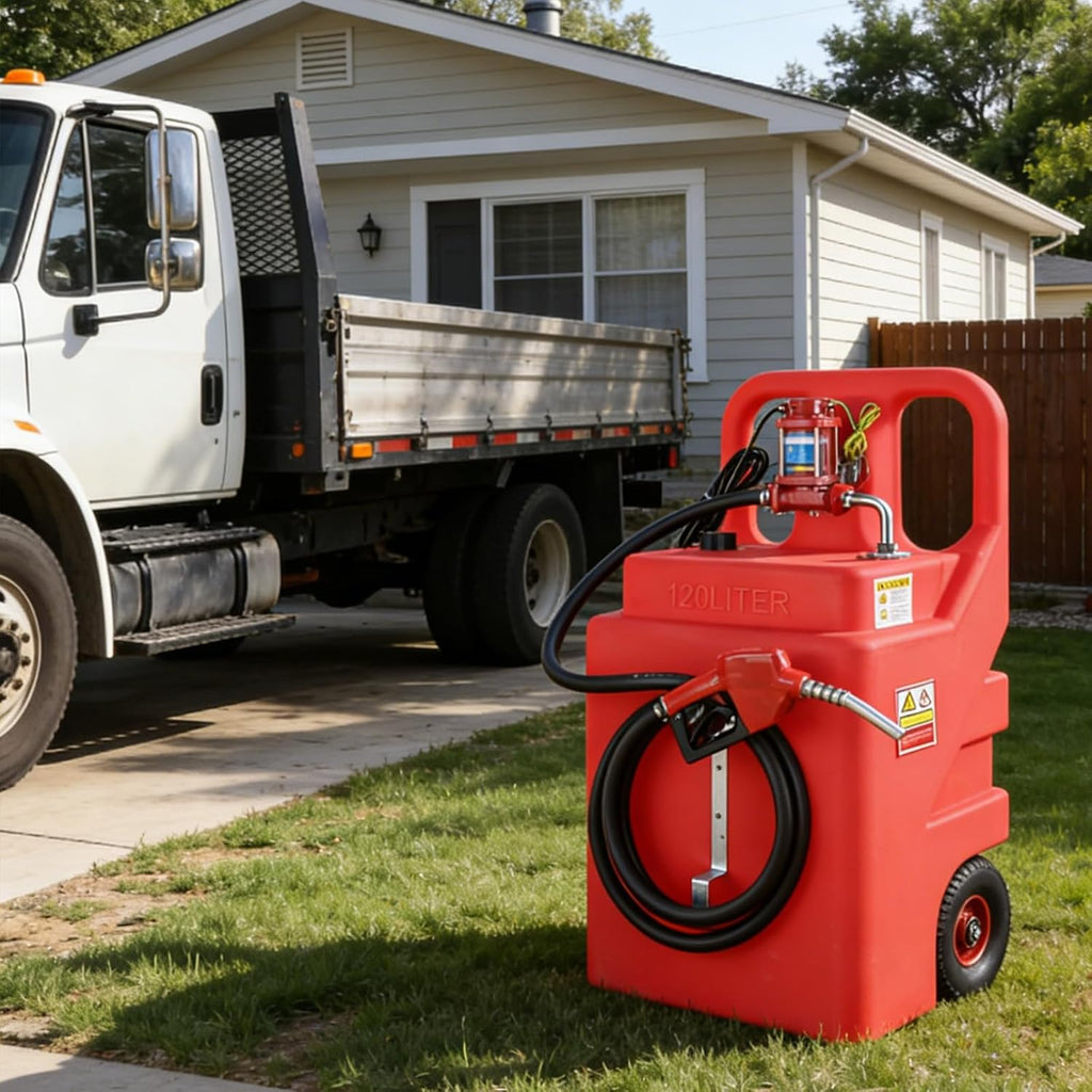 32 Gallon Fuel Caddy, Portable Gas Storage Fuel Tank with 12GPM Fuel Transfer Pump& 2 Wheels, Gasoline Diesel Container for Cars, ATVs, Boats, Lawn Mowers, Red