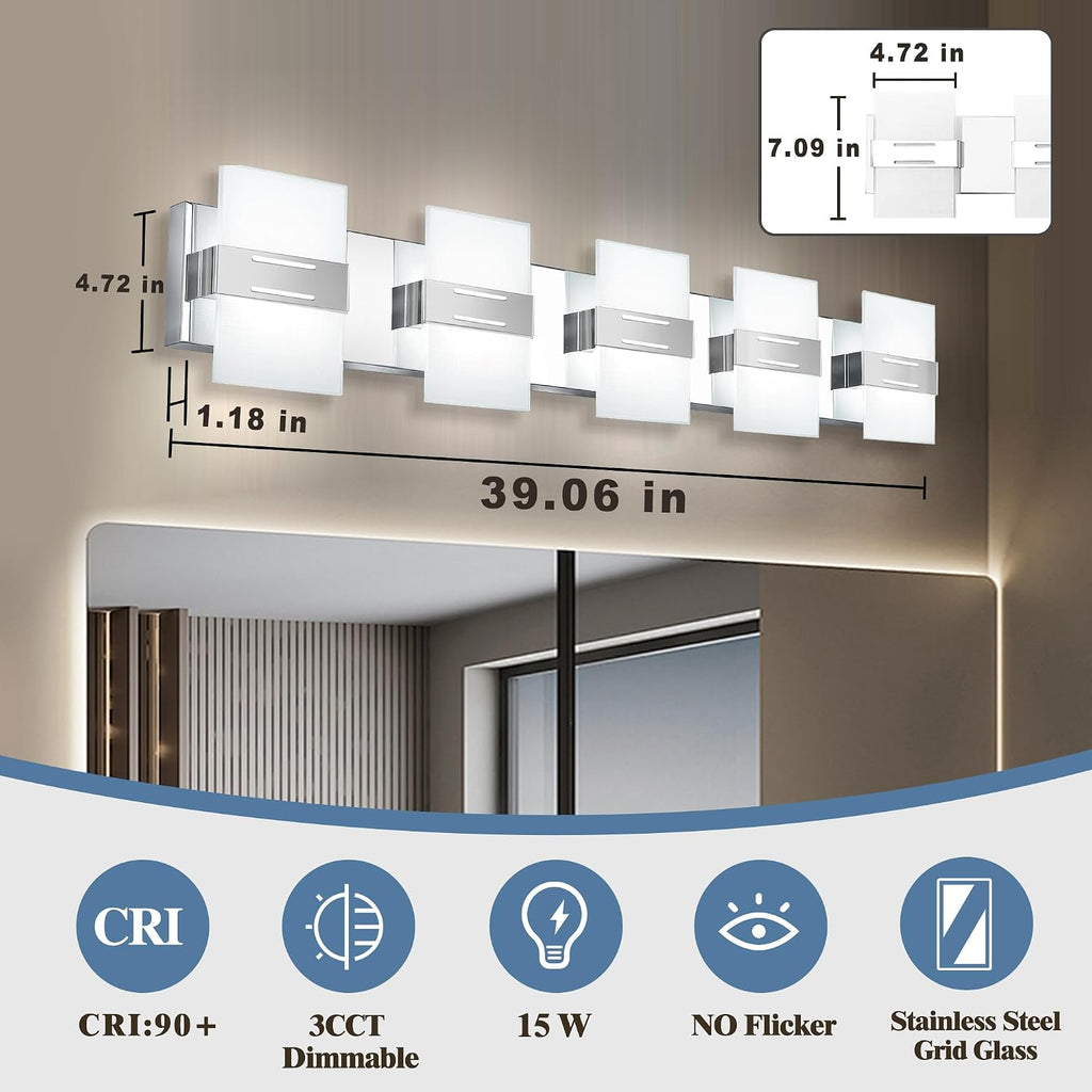 Modern Bathroom Vanity Light, Chrome Vanity Lights for Bathroom Lights Over Mirror with 5-Light Glass Grid Shade,39 Inch LED Dimmable Wall Light Fixtures 3000K/4500K/6000K Stainless Steel