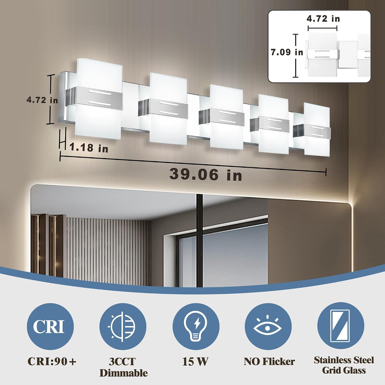 Modern Bathroom Vanity Light, Chrome Vanity Lights for Bathroom Lights Over Mirror with 5-Light Glass Grid Shade,39 Inch LED Dimmable Wall Light Fixtures 3000K/4500K/6000K Stainless Steel