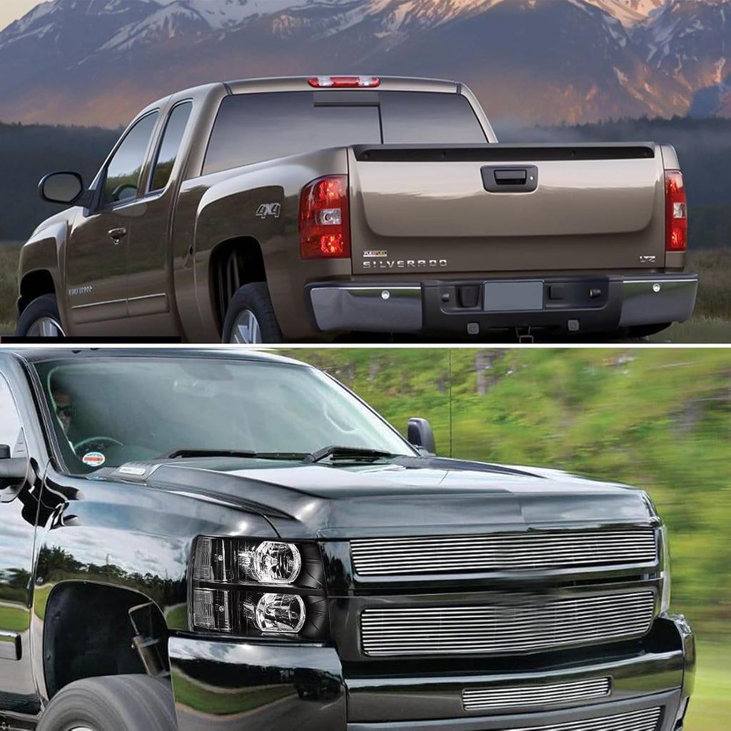 Headlights Tail Lights Combo Compatible with 2007-2013 Chevy Silverado 1500,2007-2014 Chevrolet Silverado 2500HD 3500HD Replacement Head lights Rear Brake Lamp Assembly, Black Housing Clear Lens