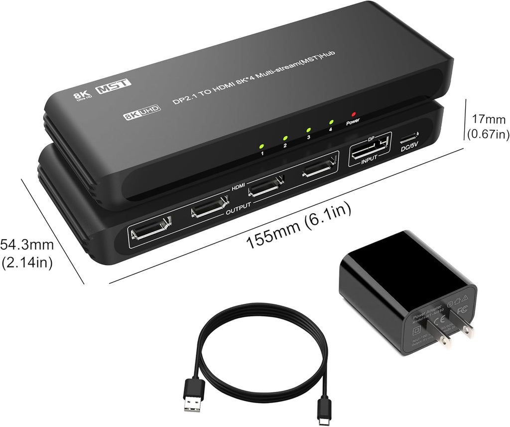 DisplayPort to HDMI Splitter for 4 Monitors, 8K@60Hz HDMI Splitter Extended Display 1 DP in 4 HDMI Out DisplayPort MST Hub for Multiple Monitor, Compatible with Computer, Graphic Card, PC
