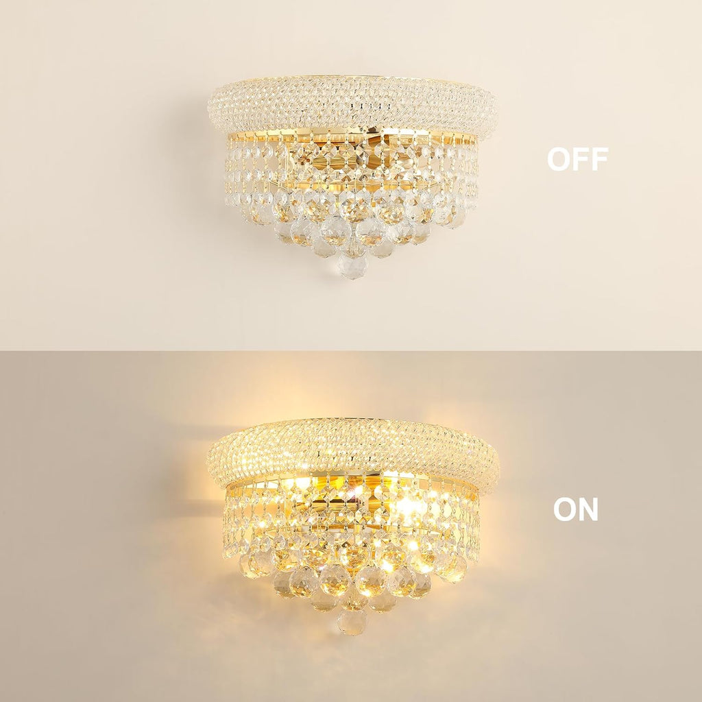 2-Lights Empire Crystal Wall Sconce Light for Living Room Dining Room Bathroom Vanity Mirrors Hallway Bedroom Closet Stairway (Gold)