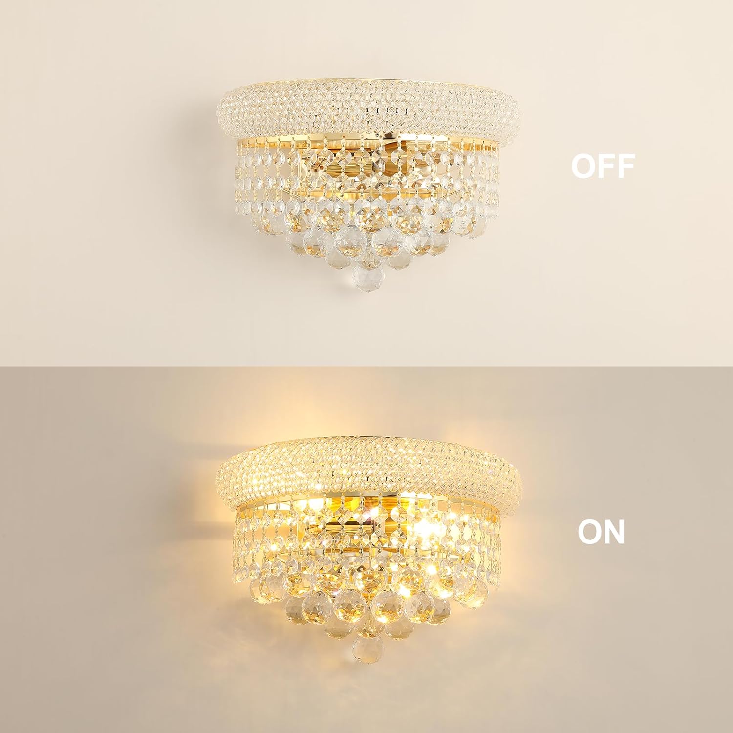 2-Lights Empire Crystal Wall Sconce Light for Living Room Dining Room Bathroom Vanity Mirrors Hallway Bedroom Closet Stairway (Gold)