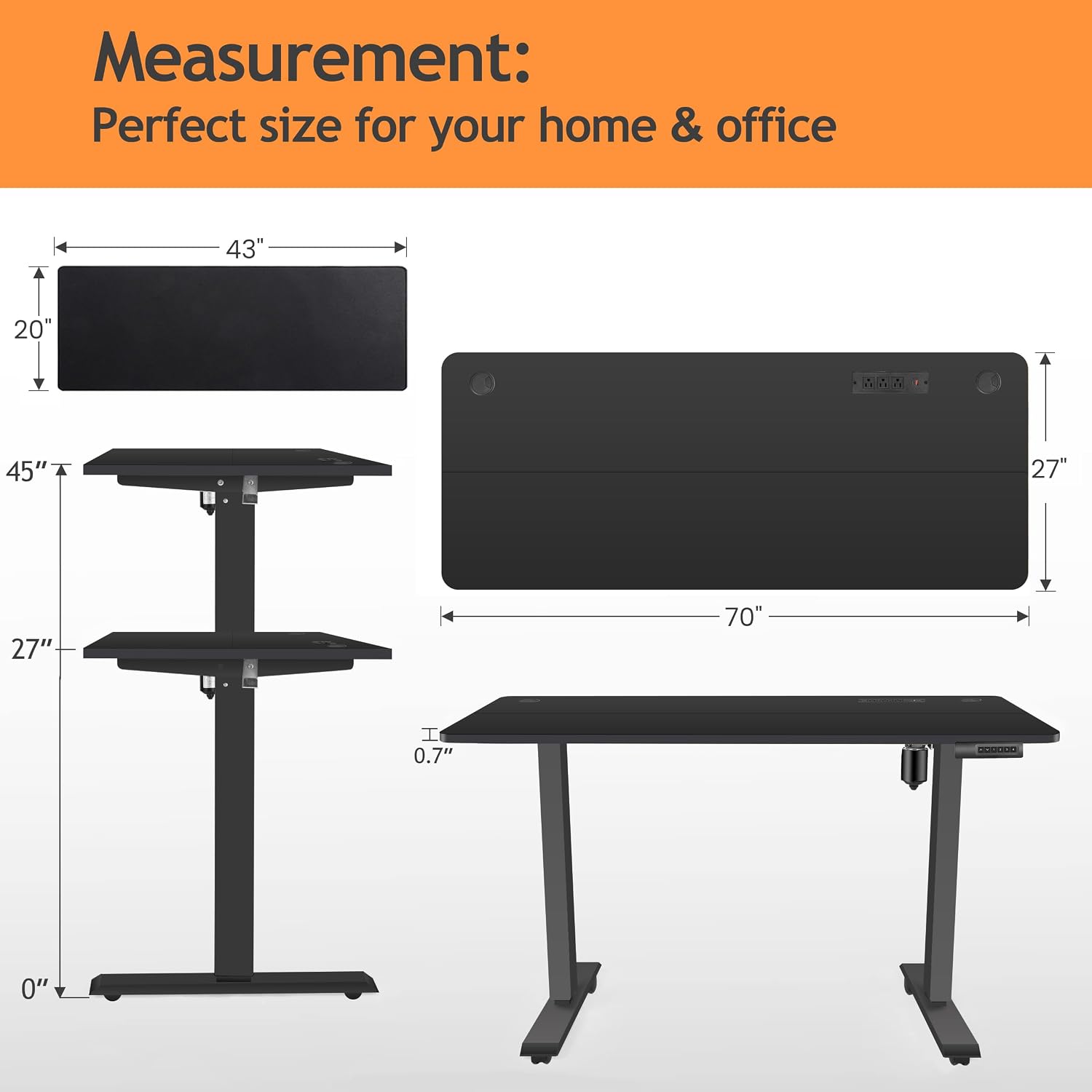 70'' x 27'' Electric Standing Desk Adjustable Height with Charging Station, Wheels, 2 USB Ports, 3 Power Outlets, 27''-46'' Lifting Range Stand up Desk for Home Office(Black)