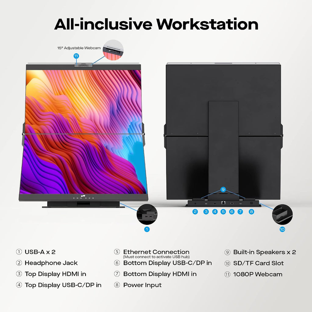 Mobile Pixels Geminos Dual 24' Stacked Computer Monitors with 1080P Webcam&Speakers, 65W USB-C Charging, All-Inclusive Vertical Desktop Monitor, HDMI/USB-A/USB-C, Infinitely Adjustable (2 Monitors)
