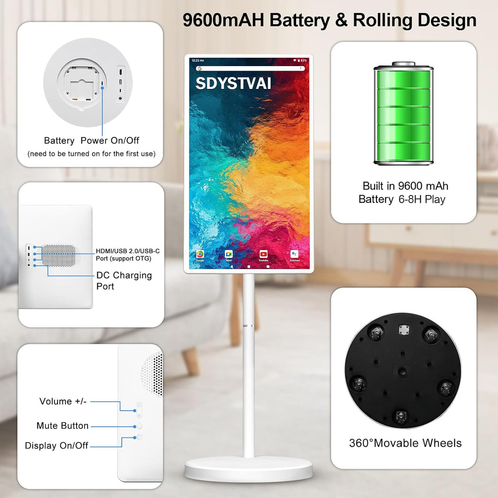 32' FHD Smart Portable TV, Rolling TV on Wheels, Android 15 OS, 6G +128GB Storage, Portable Touch Screen Monitor, 8MP Camera, Built-in Battery, Full Swivel Rotation, Voice Remote
