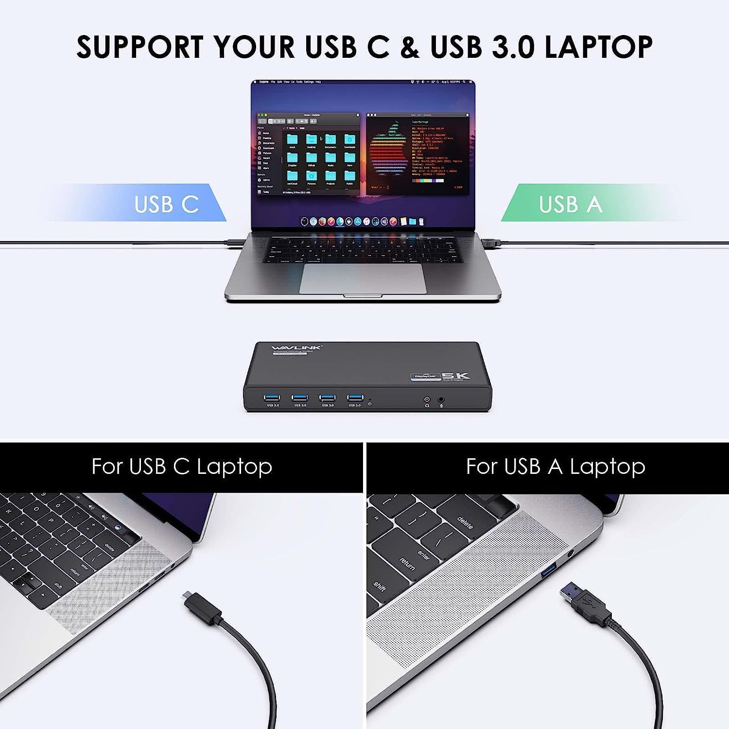 WAVLINK Universal Displaylink Docking Station Dual Monitor with 65W PD Charging for Laptop Windows/Mac, MacBook Neo/Air/Pro, Dock- Dual HDMI/DisplayPort, Gigabit Ethernet, 6 USB 3.0, Audio/Mic