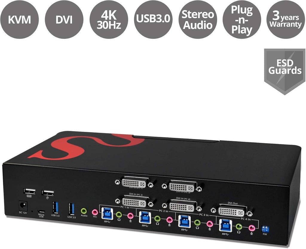 SIIG 4-Port DVI Dual-Link KVM Switch Smart Console with USB 3.0 Multi-Media (CE-DV0211-S1)