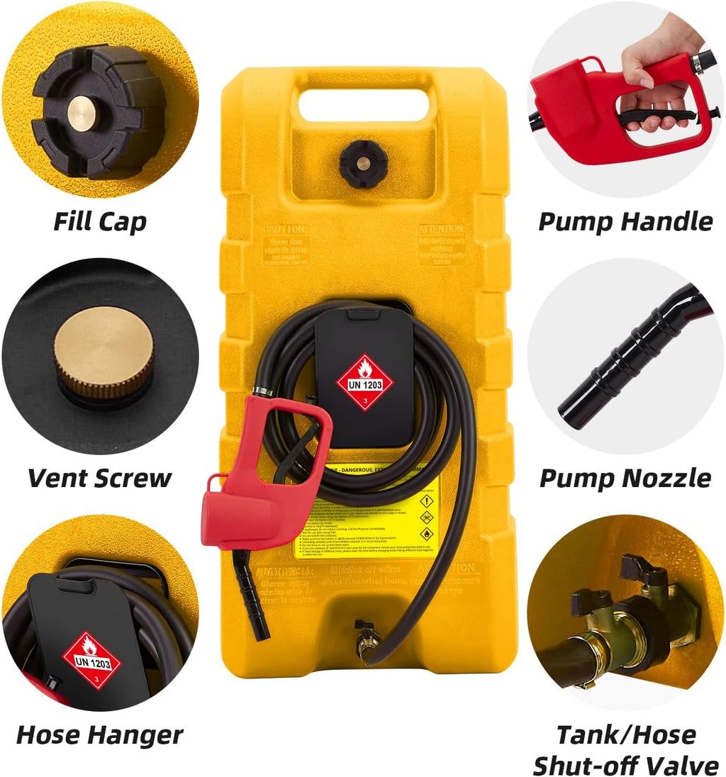 15 Gallon Gas Can, Heavy-Duty Fuel Tank with Manual Transfer Pump & 10FT Hose, Portable Gas Caddy with Wheels, Leak-Proof Gas Container for Lawn Mowers, Cars, Boats, ATVs, Yellow