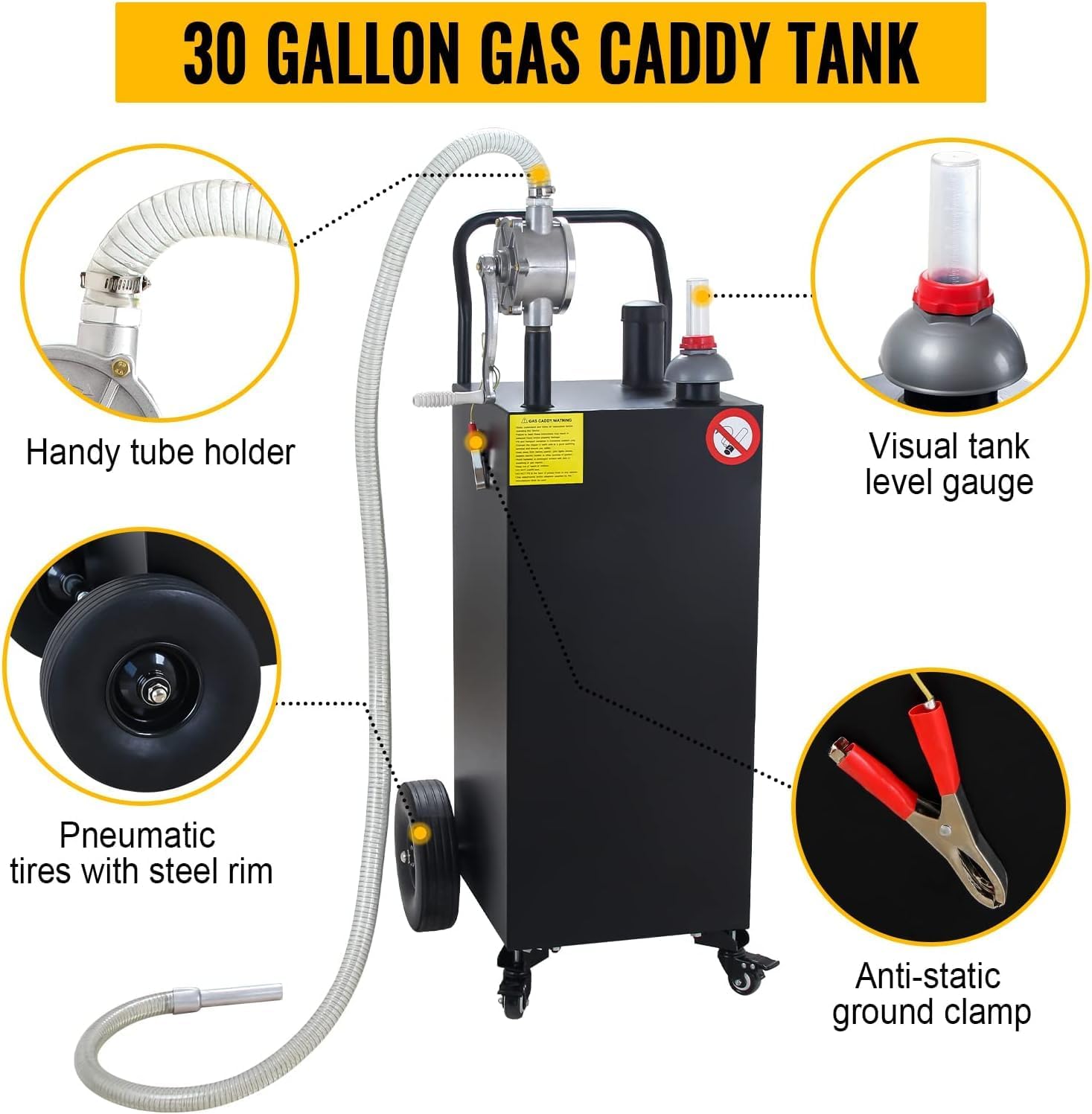 Gas Caddy Fuel Tank Gasoline container Diesel portable gas tank w/pump Rolling & Solid Rubber Wheels for Weeder,Snow blower,Pickup truck,ATV,Water Scooter,Yacht,UTV,Motorcycle (30 Gallon Black)