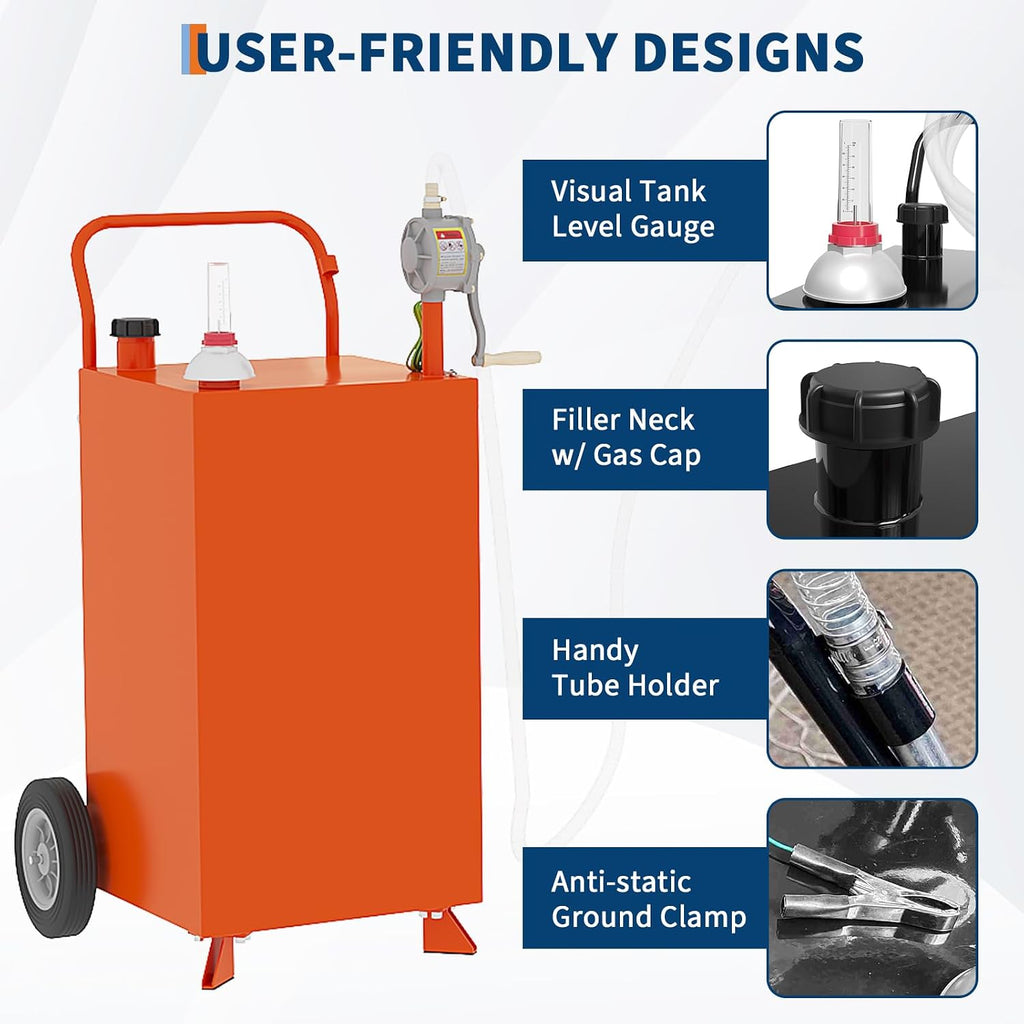 40 Gallon Fuel Caddy, Fuel Transfer Tank with Pump, Gas Storage Tank, Gasoline Diesel Fuel Container for Cars, Lawn Mowers, ATVs, Boats, More, Orange