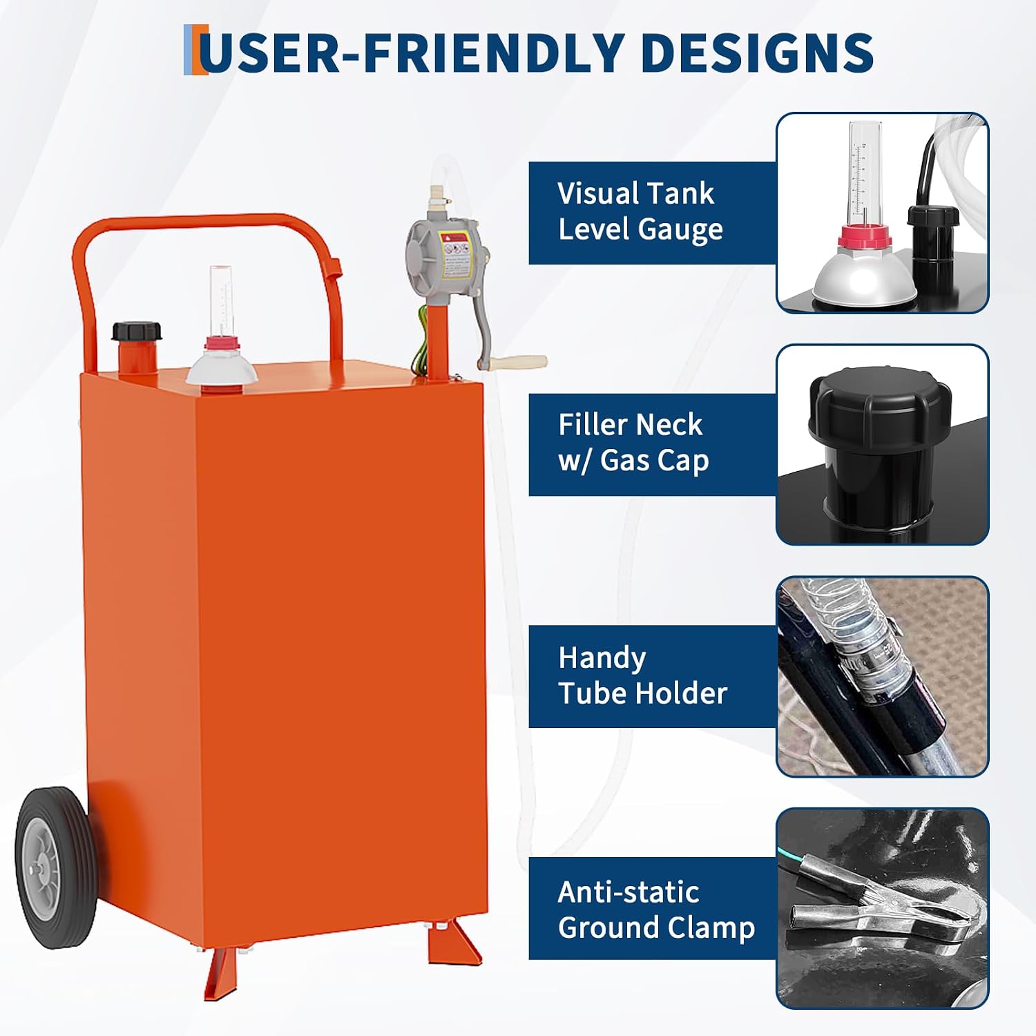 40 Gallon Fuel Caddy, Fuel Transfer Tank with Pump, Gas Storage Tank, Gasoline Diesel Fuel Container for Cars, Lawn Mowers, ATVs, Boats, More, Orange