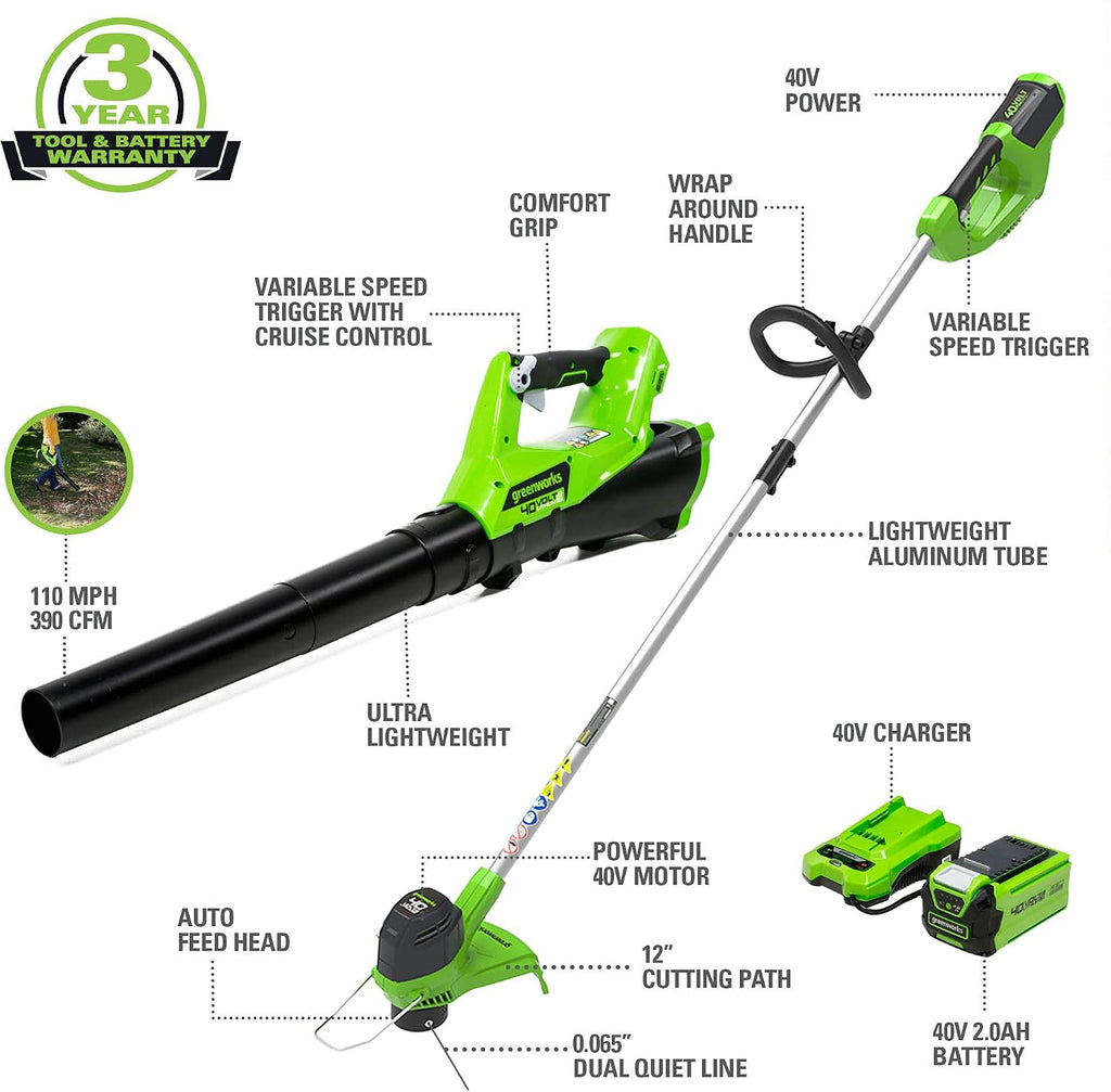 Greenworks 40V 16' TruBrushless™ Cordless Lawn Mower & 0.065' Dual Line Replacement String Trimmer Line Spool, 3 Count & 40V Cordless String Trimmer and Leaf Blower Combo Kit