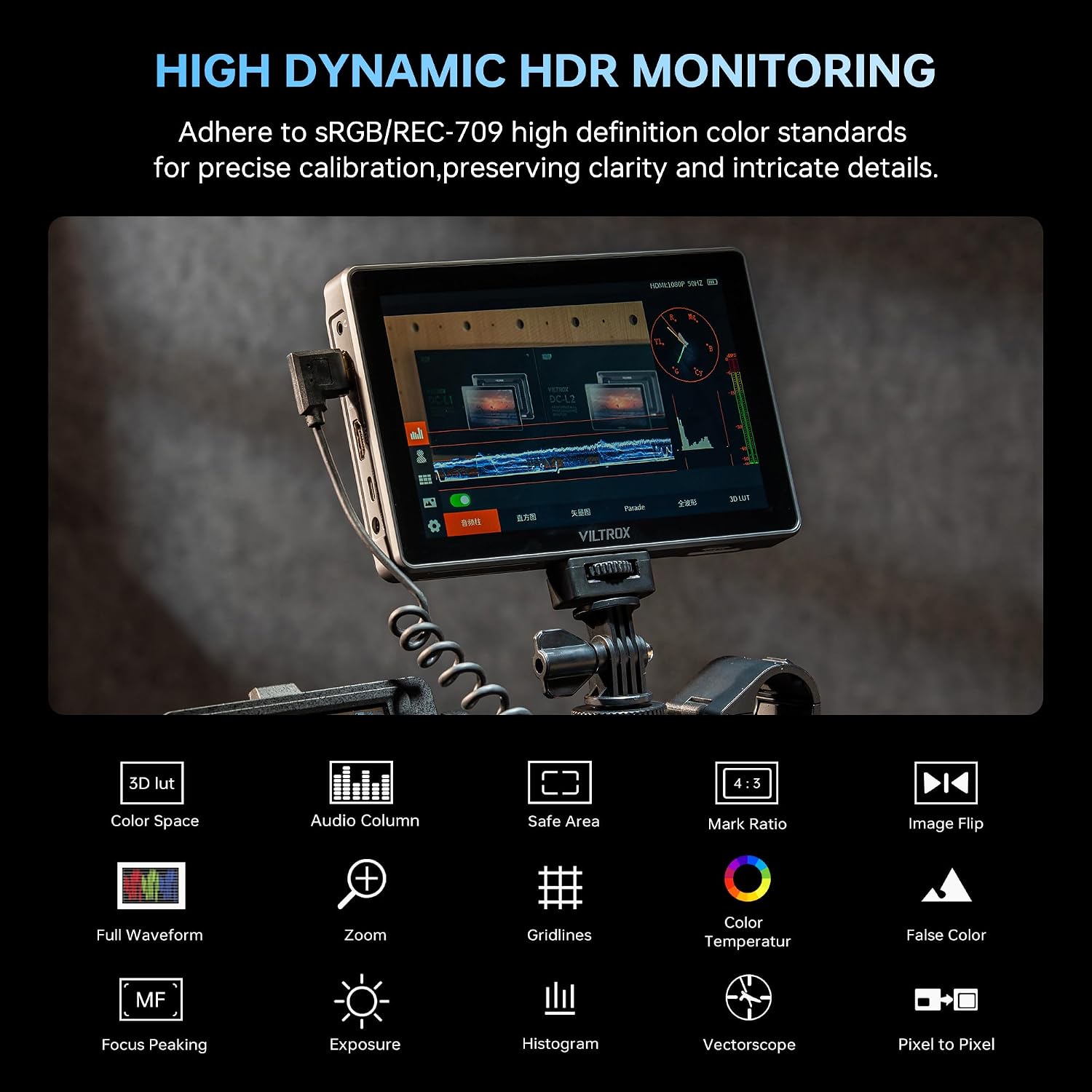 VILTROX DC-L2 7' 4K SDI/HDMI Camera Field Monitor with Touchscreen, 1280×800 IPS 600nit Display, 3D LUT, Full Waveform, RGB Histogram, Y Parade, False Color, Focus Peaking, Type-C/DC/NP-F Power