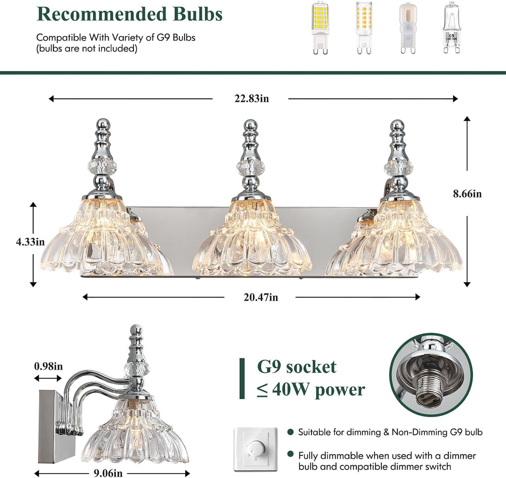 Vintage Bathroom Vanity Light, 3-Light Chrome Vanity Lighting Fixture with Flower Glass Shade, Bathroom Lighting Fixtures Over Mirror
