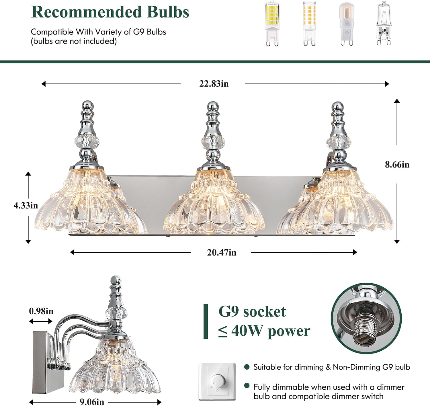 Vintage Bathroom Vanity Light, 3-Light Chrome Vanity Lighting Fixture with Flower Glass Shade, Bathroom Lighting Fixtures Over Mirror