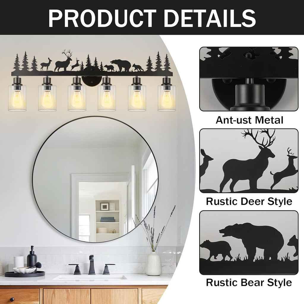 Rustic Bathroom Light Fixtures, 6-Light Farmhouse Vanity Lamp with Deer and Bear Design, Black Wall Lighting with Clear Glass Shade for Bathroom, Hallway, Kitchen, Porch