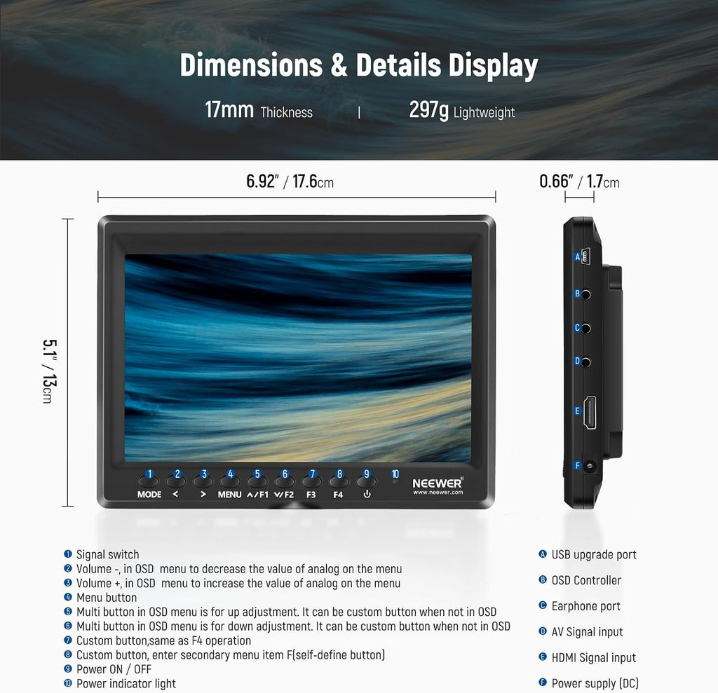 NEEWER F100 7 Inch Camera Field Monitor HD Video Assist IPS 1280x800 HDMI 1080p with 4400mAh F750 Battery, Sunshade Hood & 360° Ball Head for DSLR Cameras, Handheld Stabilizer, Film Video Making Rig