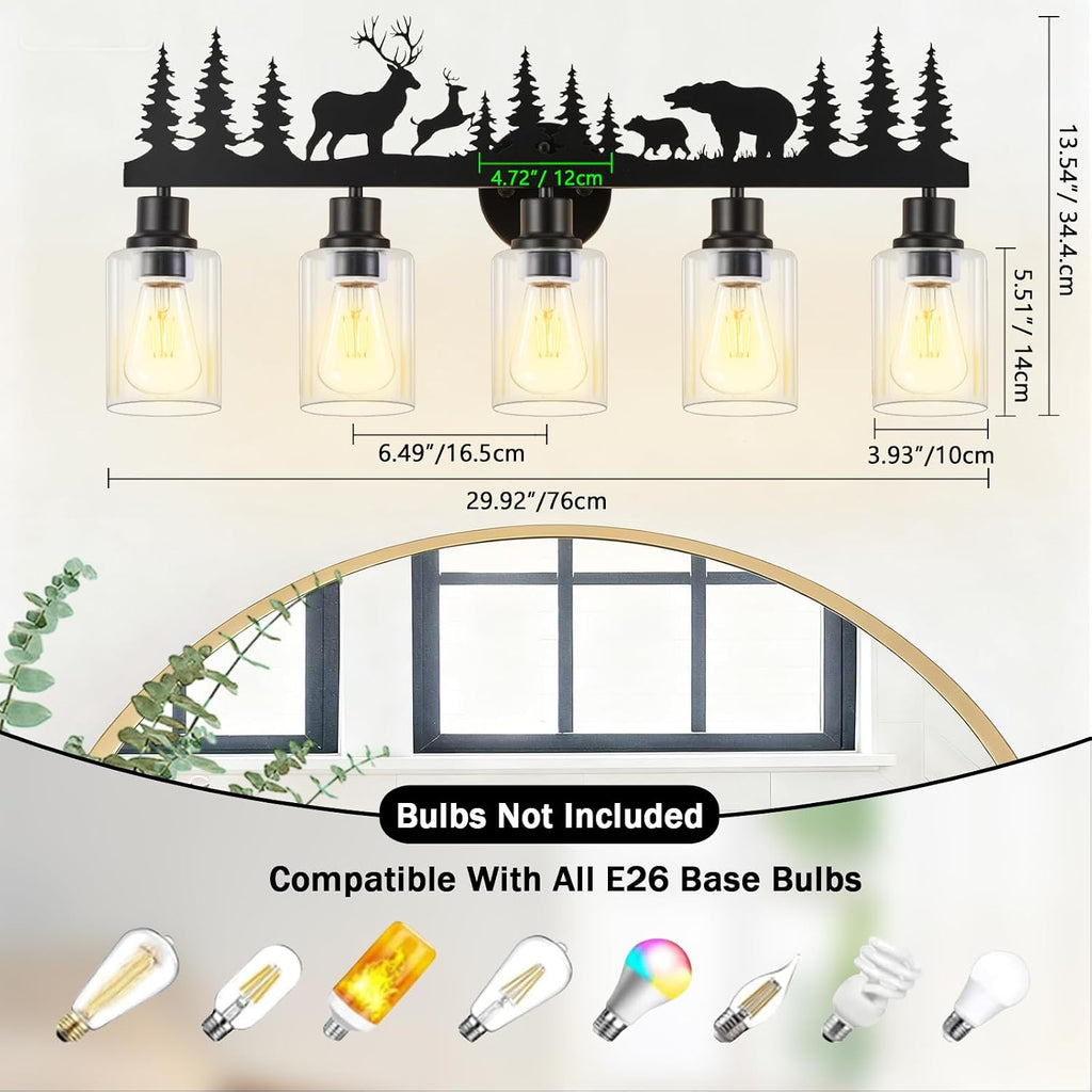 Rustic Bathroom Light Fixtures, 5-Light Farmhouse Vanity Lamp with Deer and Bear Design, Black Wall Lighting with Clear Glass Shade for Bathroom, Hallway, Kitchen, Porch