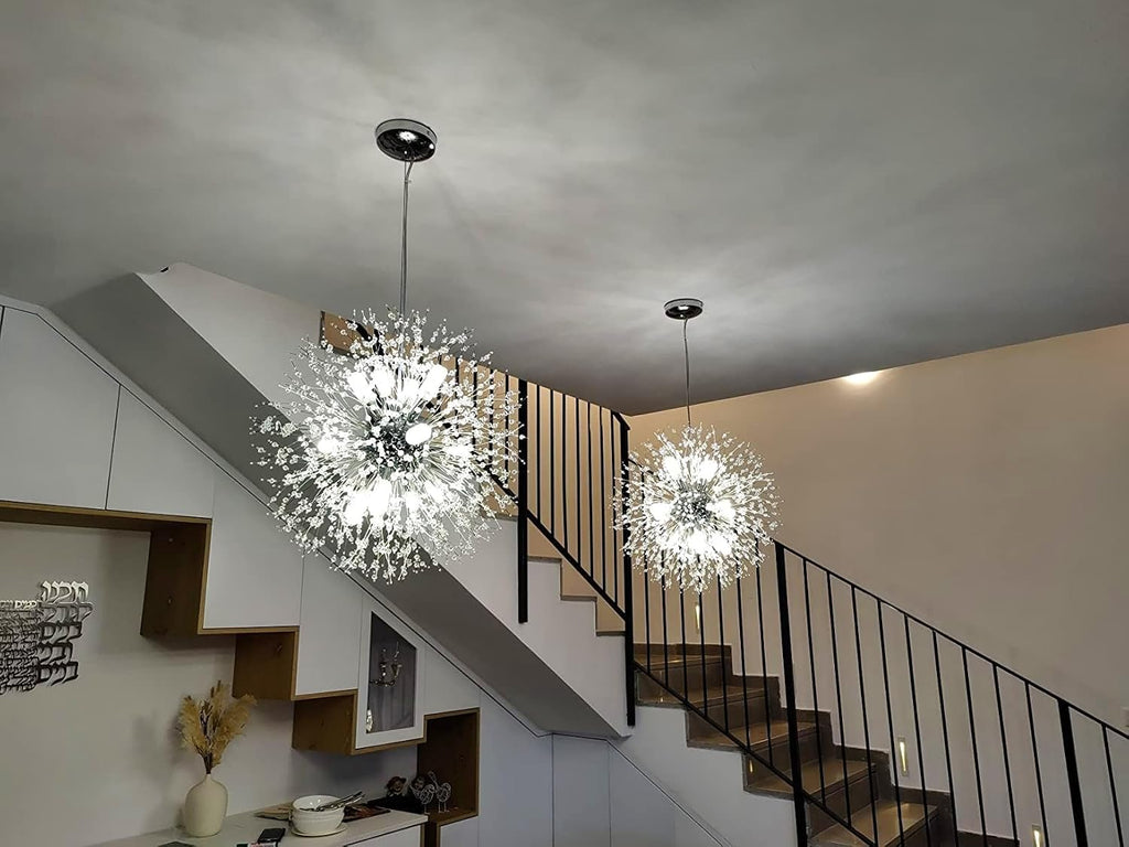 Modern Dandelion Firework Chandelier, Chrome Dining Room Chandelier, Crystal Hanging Pendant Lighting Fixture for Living Room, Bathroom, Bedroom, Entryway, 12-Light