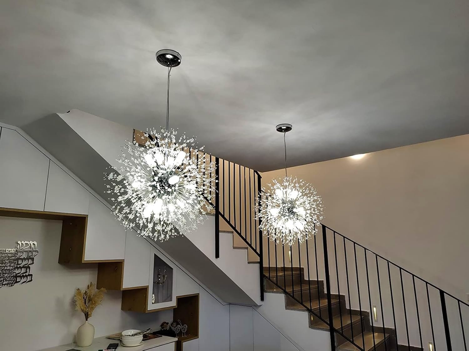 Modern Dandelion Firework Chandelier, Chrome Dining Room Chandelier, Crystal Hanging Pendant Lighting Fixture for Living Room, Bathroom, Bedroom, Entryway, 12-Light
