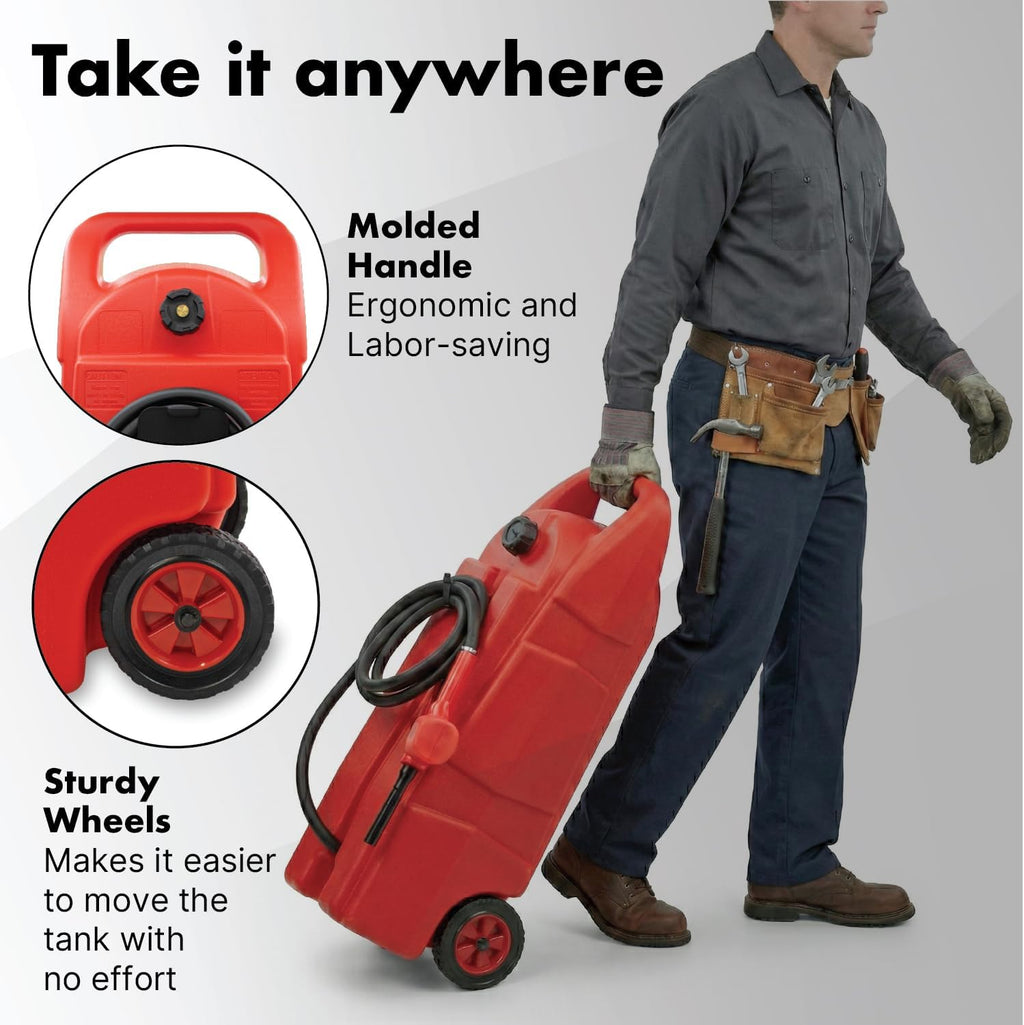 LAUCO 15 Gallons Gas Can, Heavy-Duty Fuel Tank with Manual Transfer Pump & 10FT Hose, Portable Gas Caddy with Wheels, Leak-Proof Gas Container for Lawn Mowers, Cars, Boats, 87259
