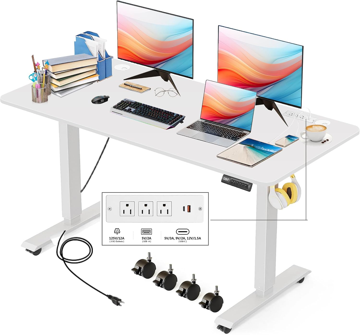 Electric Standing Desk, 48x24in Adjustable Height Computer Desk with Wheels, Sit-Stand Desk with Charging Station, 2 USB Ports, 3 Power Outlets, Spacious Workstation for Home Office(White)