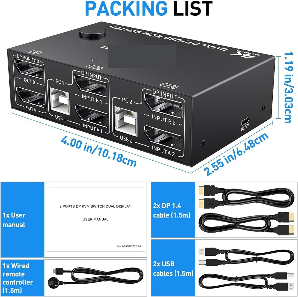 8K 4K Dual Monitor KVM Switch,Displayport 1.4 2 Monitors Computers Supper 8K@30Hz 4K@144Hz Share USB .0 Devices